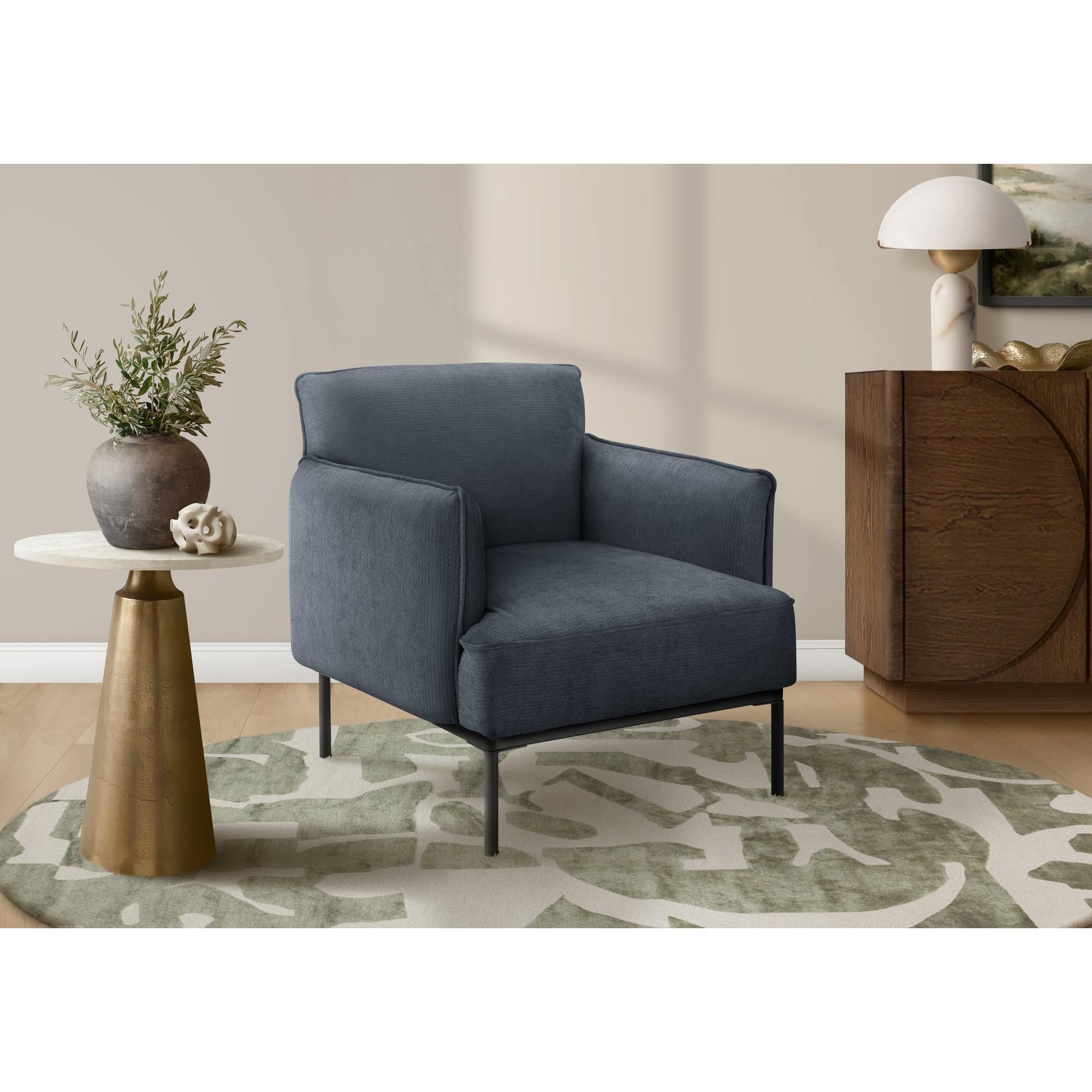 I 8082 - Chaise D'appoint, 33''H, Rembourré, Salon, Chambre À Coucher, Tissu Bleu, Pieds En Métal Noir, Contemporain, Moderne - Simple Boutique