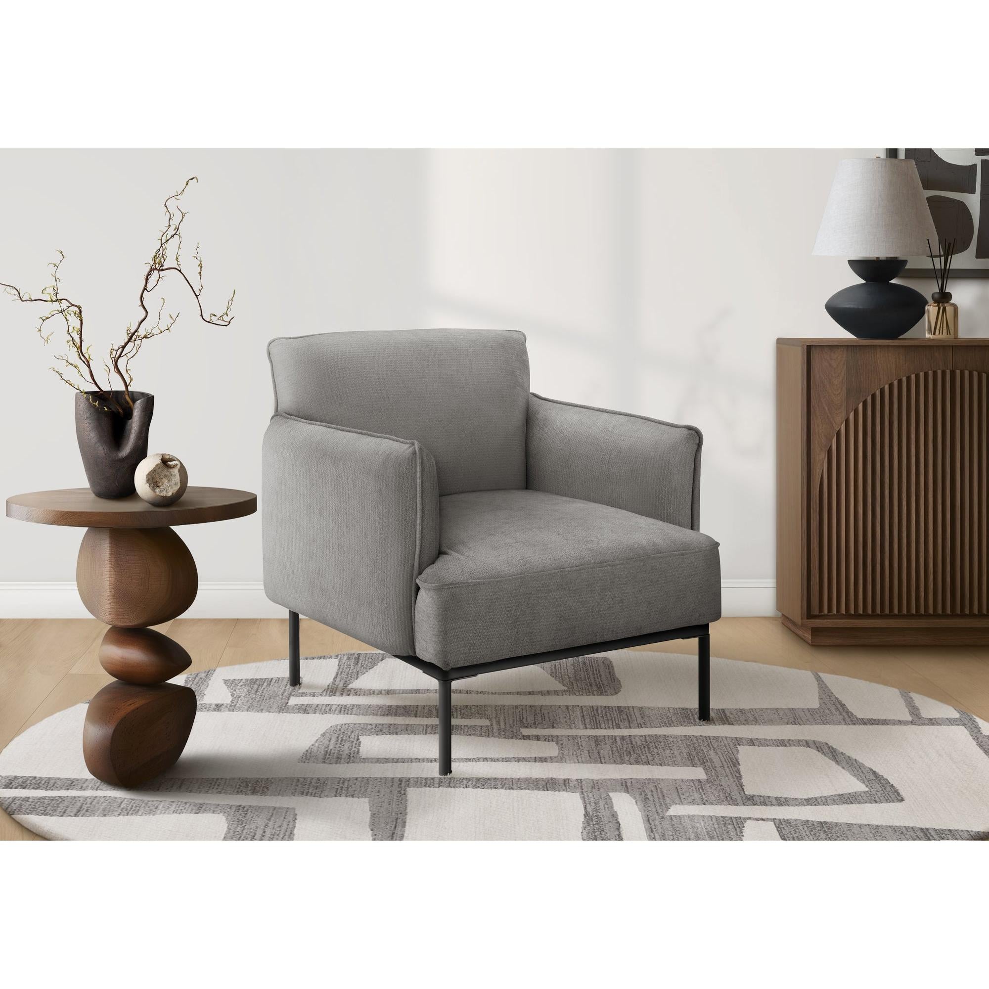 I 8083 - Chaise D'appoint, 33''H, Rembourré, Salon, Chambre À Coucher, Tissu Gris Clair, Pieds En Métal Noir, Contemporain, Moderne - Simple Boutique