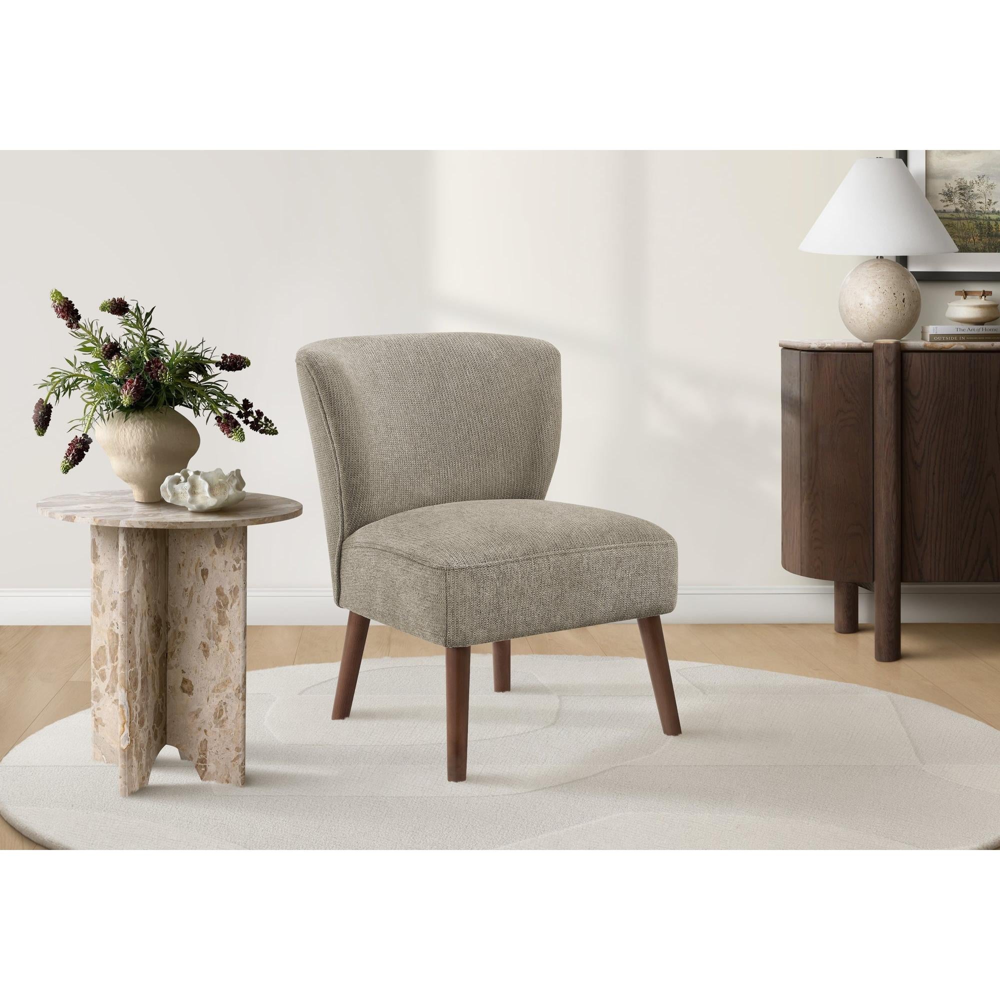 I 8086 - Chaise D'appoint, 33''H, Rembourré, Salon, Chambre À Coucher, Tissu Marron Clair, Pieds En Bois Massif De Noyer, Mid Century, Moderne - Simple Boutique
