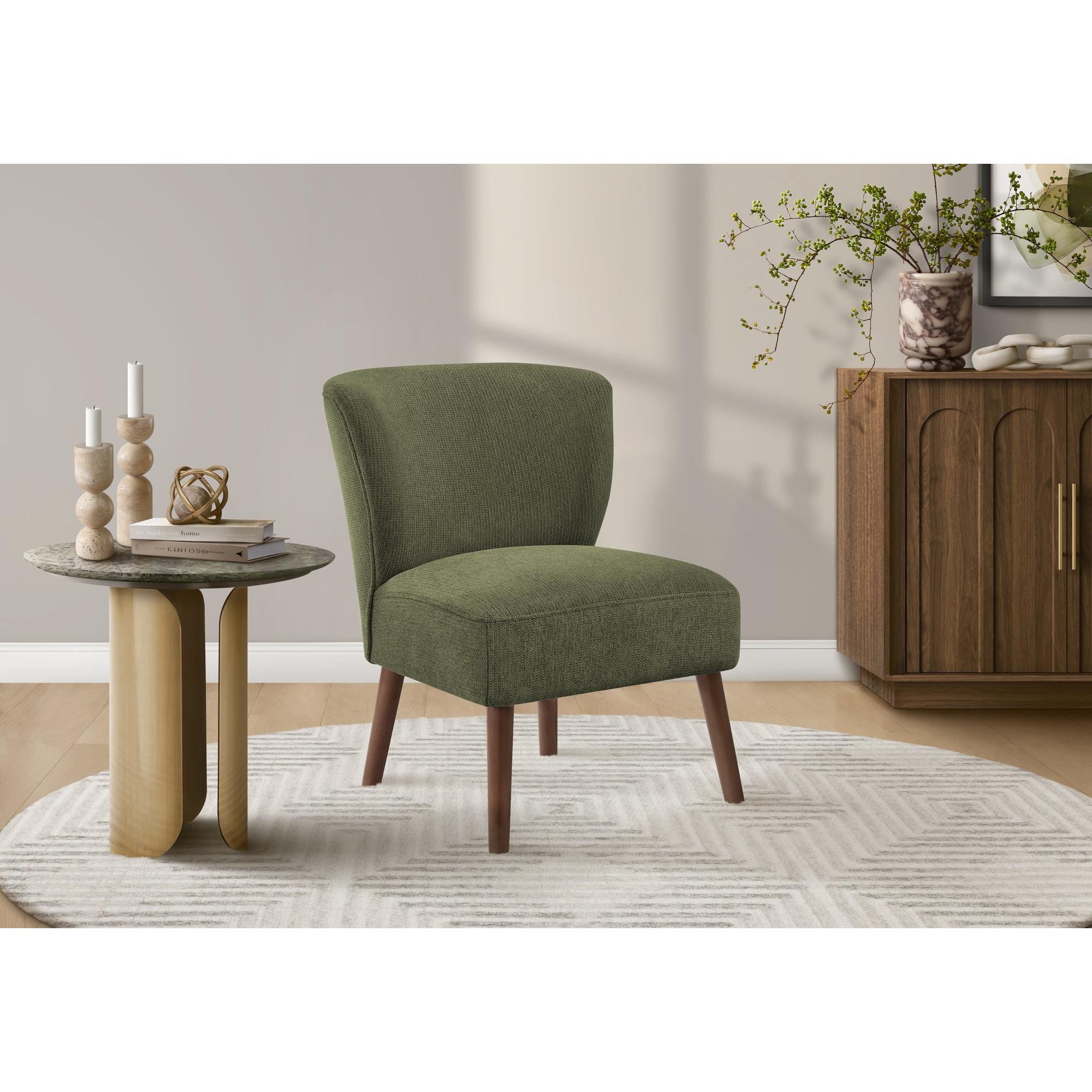 I 8087 - Chaise D'appoint, 33''H, Rembourré, Salon, Chambre À Coucher, Tissu Vert, Pieds En Bois Massif De Noyer, Mid Century, Moderne - Simple Boutique