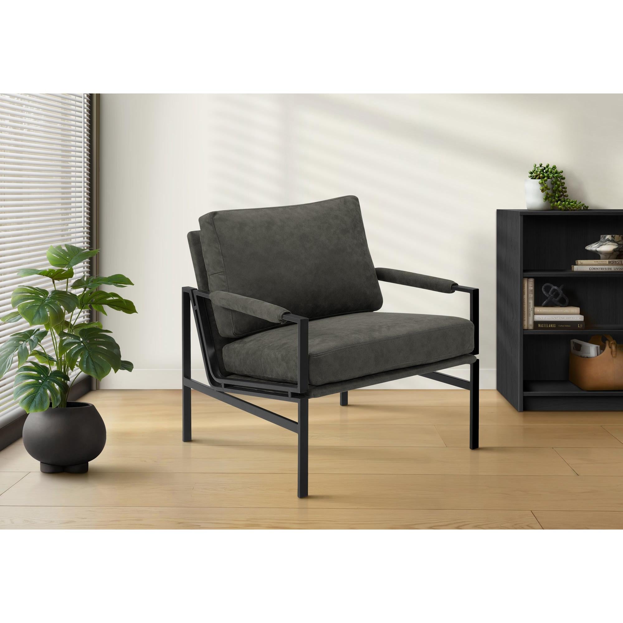 I 8100 - Chaise D'appoint, 36''H, Rembourré, Salon, Chambre À Coucher, Tissu Gris Foncé, Pieds En Métal Noir, Contemporain, Moderne - Simple Boutique