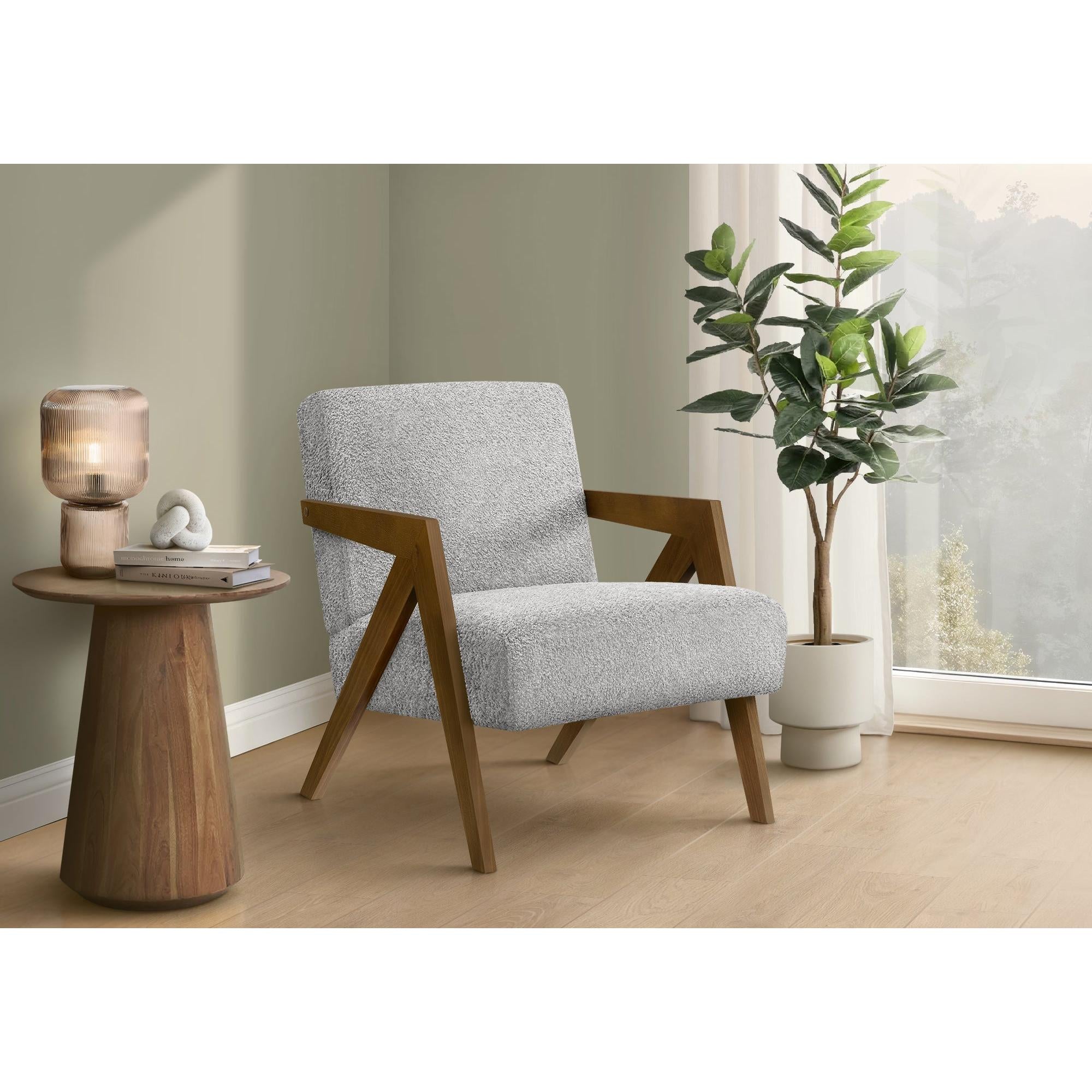 I 8300 - Chaise D'appoint, 30''H, Rembourré, Salon, Chambre À Coucher, Tissu Gris Clair, Bois Massif Noyer Brun, Moderne, Mid Century - Simple Boutique