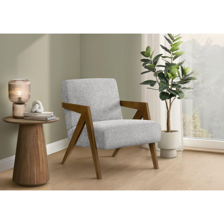 I 8300 - Chaise D'appoint, 30''H, Rembourré, Salon, Chambre À Coucher, Tissu Gris Clair, Bois Massif Noyer Brun, Moderne, Mid Century - Simple Boutique