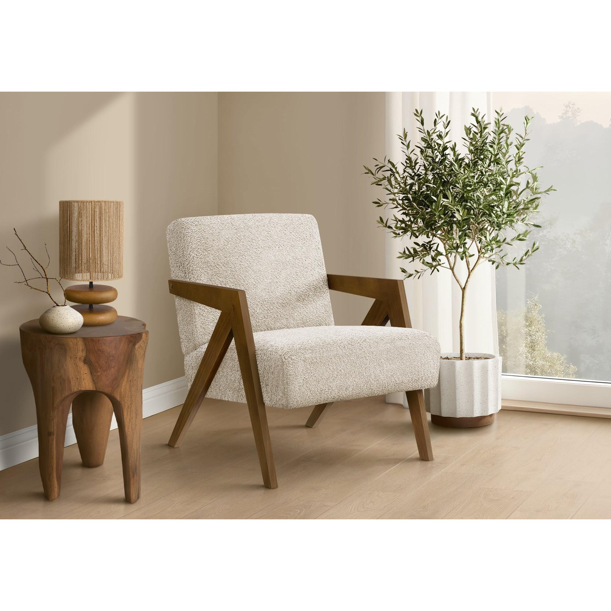 I 8301 - Chaise D'appoint, 30''H, Rembourré, Salon, Chambre À Coucher, Tissu Crème, Bois Massif Noyer Brun, Moderne, Mid Century - Simple Boutique