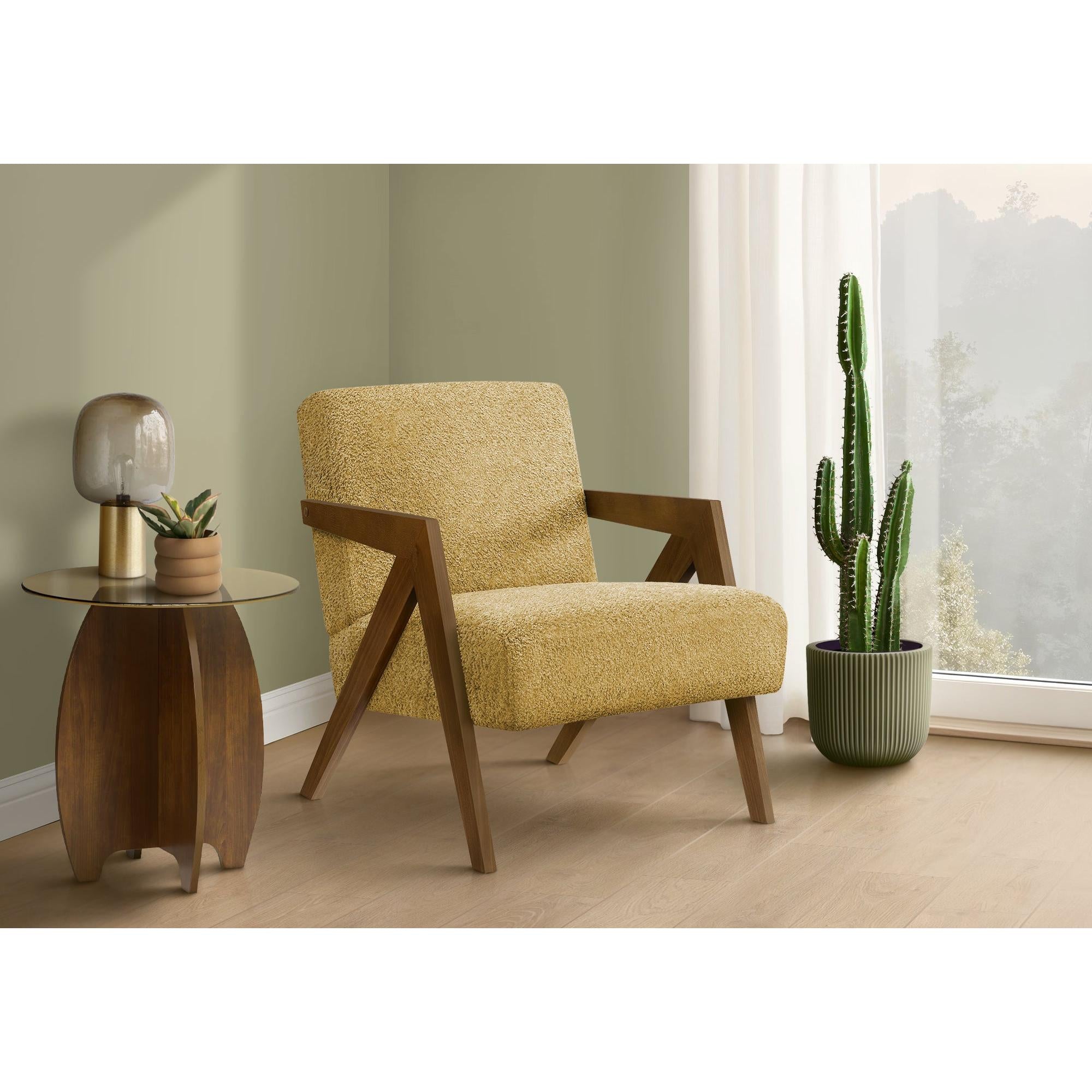 I 8302 - Chaise D'appoint, 30''H, Rembourré, Salon, Chambre À Coucher, Tissu Jaune, Bois Massif Noyer Brun, Moderne, Mid Century - Simple Boutique