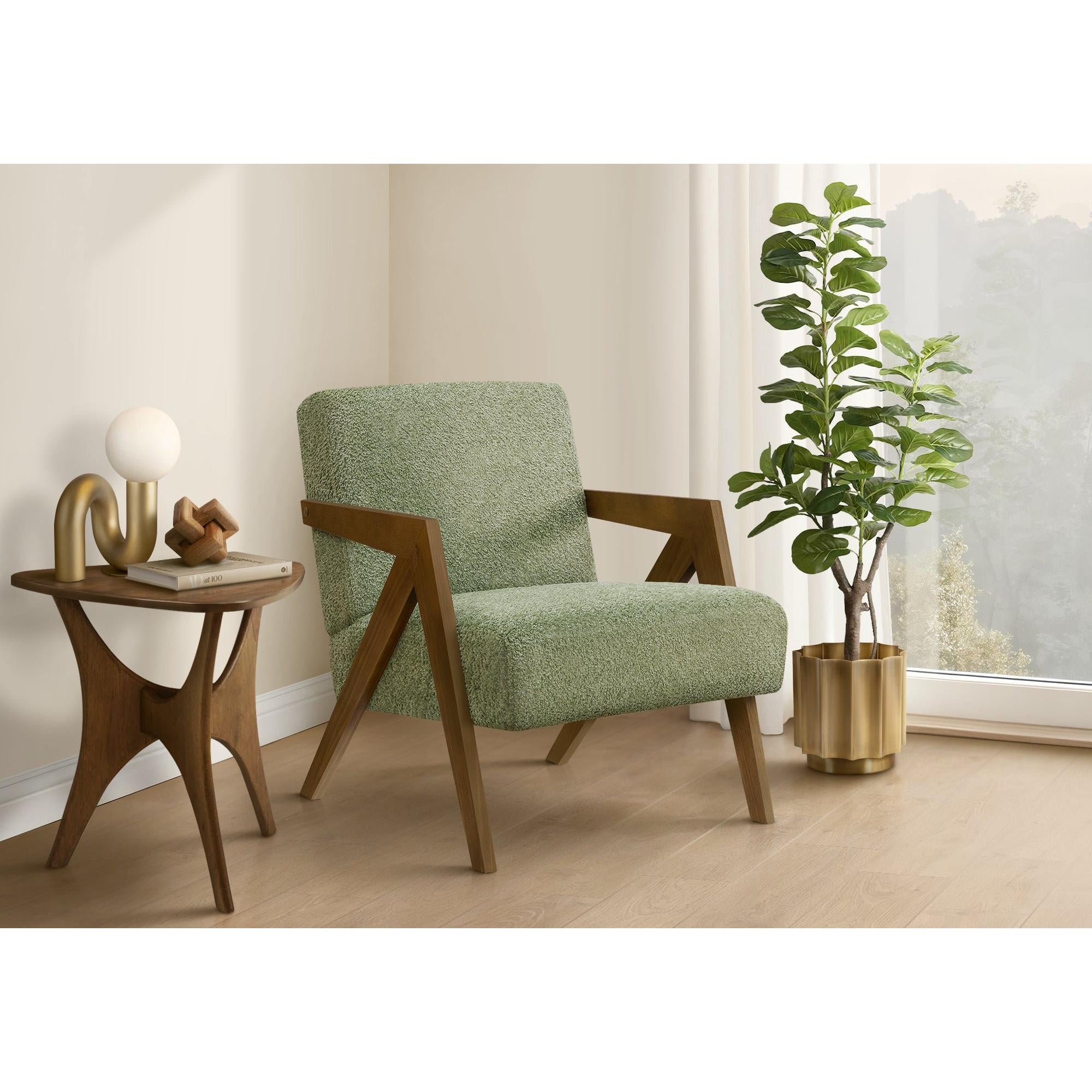 I 8304 - Chaise D'appoint, 30''H, Rembourré, Salon, Chambre À Coucher, Tissu Vert, Bois Massif Noyer Brun, Moderne, Mid Century - Simple Boutique
