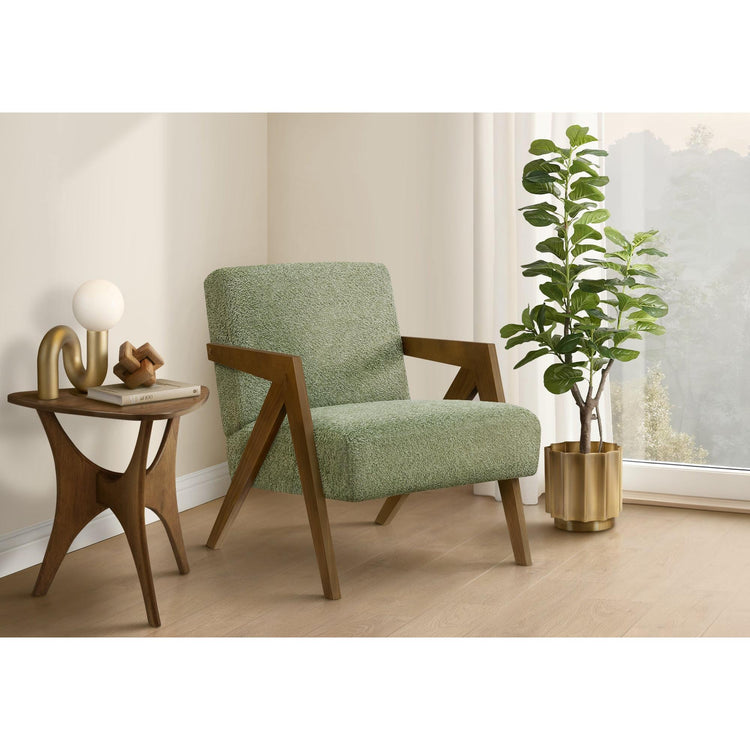 I 8304 - Chaise D'appoint, 30''H, Rembourré, Salon, Chambre À Coucher, Tissu Vert, Bois Massif Noyer Brun, Moderne, Mid Century - Simple Boutique