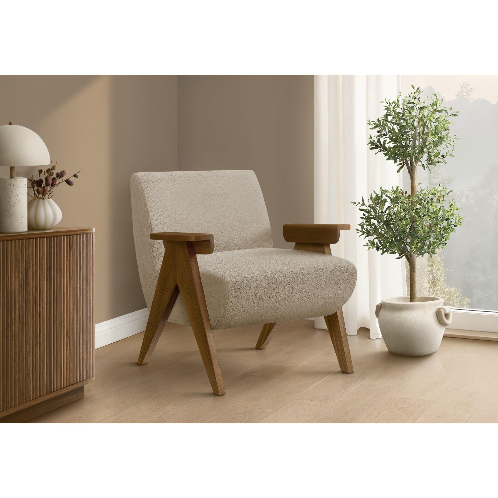 I 8310 - Chaise D'appoint, 31''H, Rembourré, Salon, Chambre À Coucher, Tissu Beige, Bois Massif Noyer Brun, Moderne, Mid Century - Simple Boutique