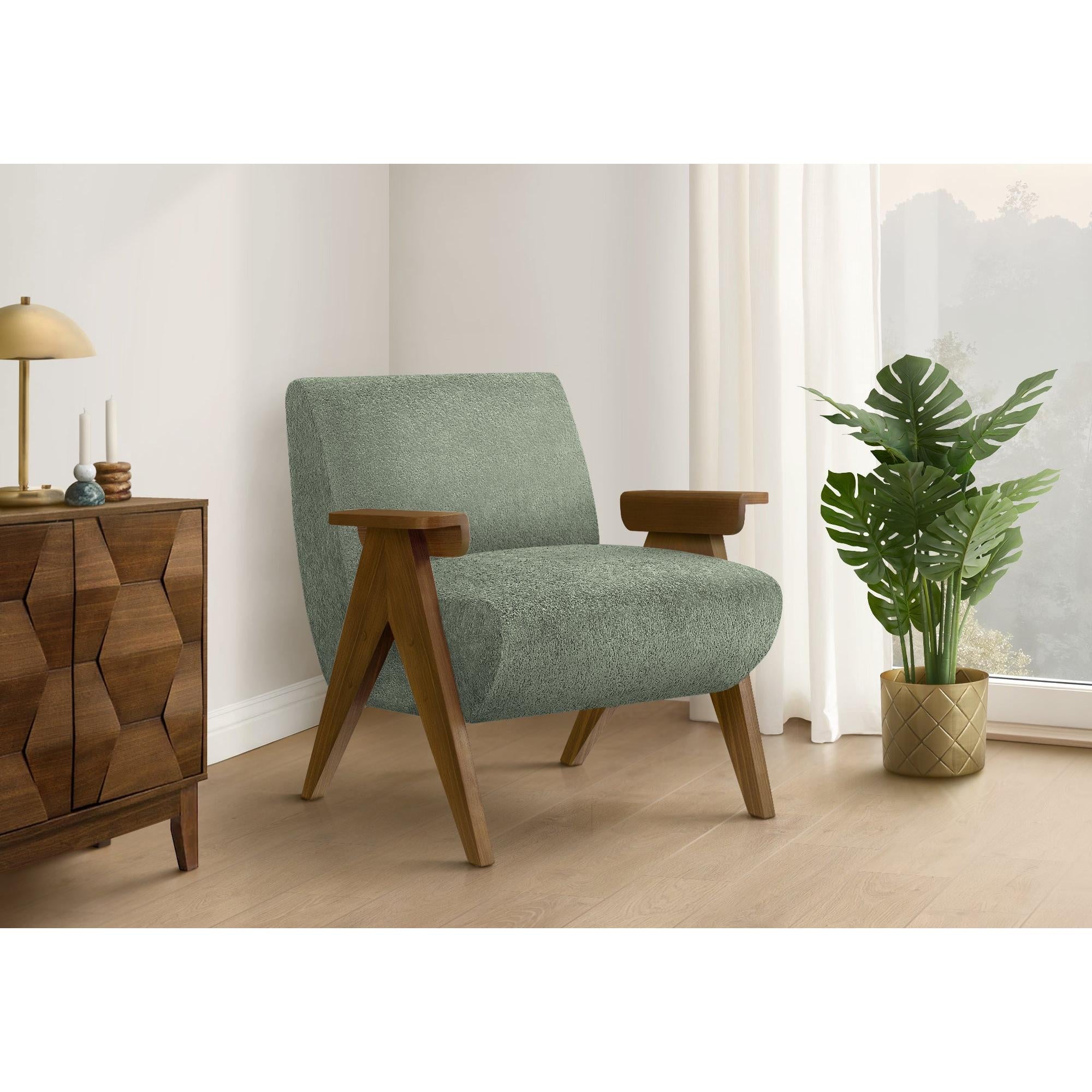 I 8311 - Chaise D'appoint, 31''H, Rembourré, Salon, Chambre À Coucher, Tissu Vert, Bois Massif Noyer Brun, Moderne, Mid Century - Simple Boutique