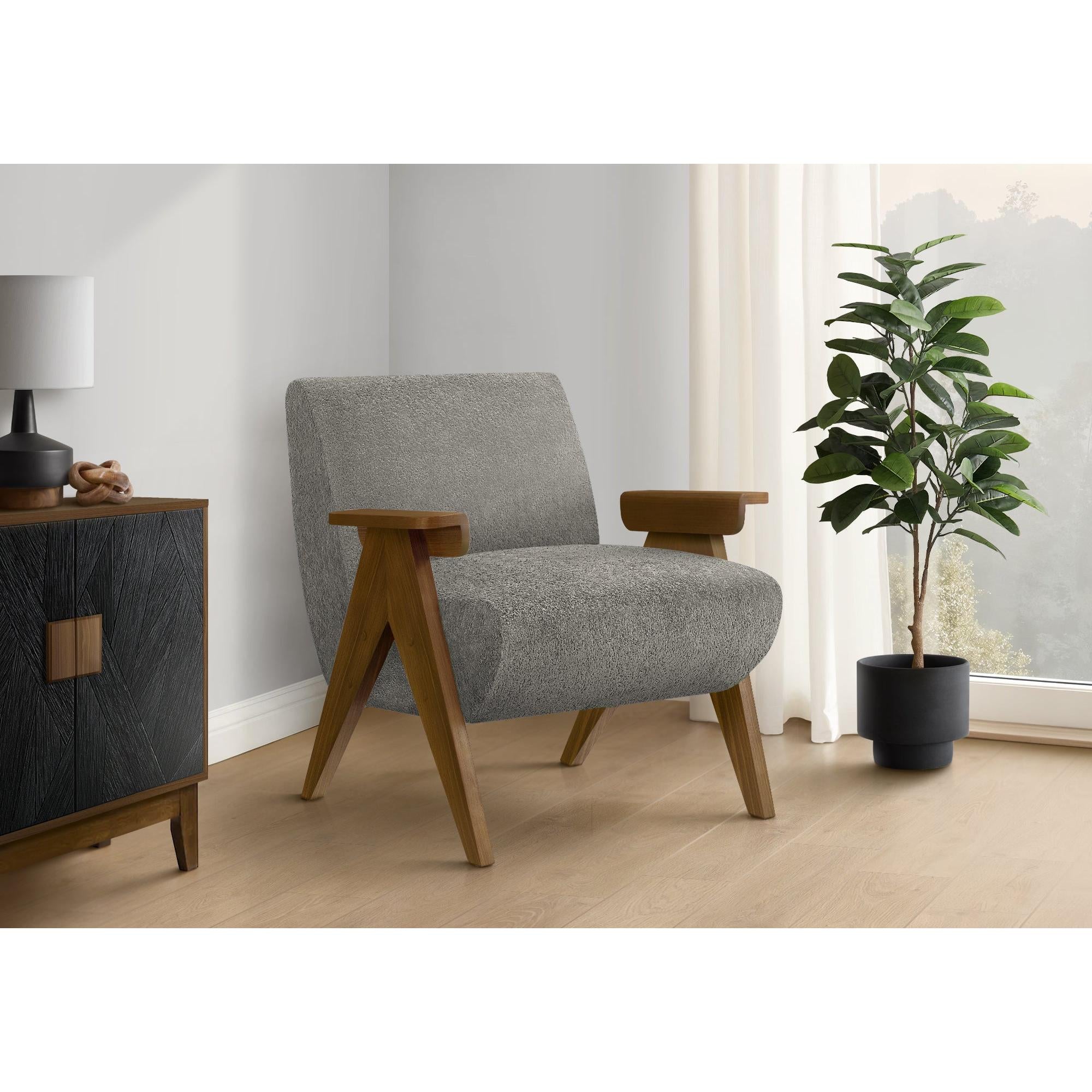 I 8312 - Chaise D'appoint, 31''H, Rembourré, Salon, Chambre À Coucher, Tissu Gris Foncé, Bois Massif Noyer Brun, Moderne, Mid Century - Simple Boutique