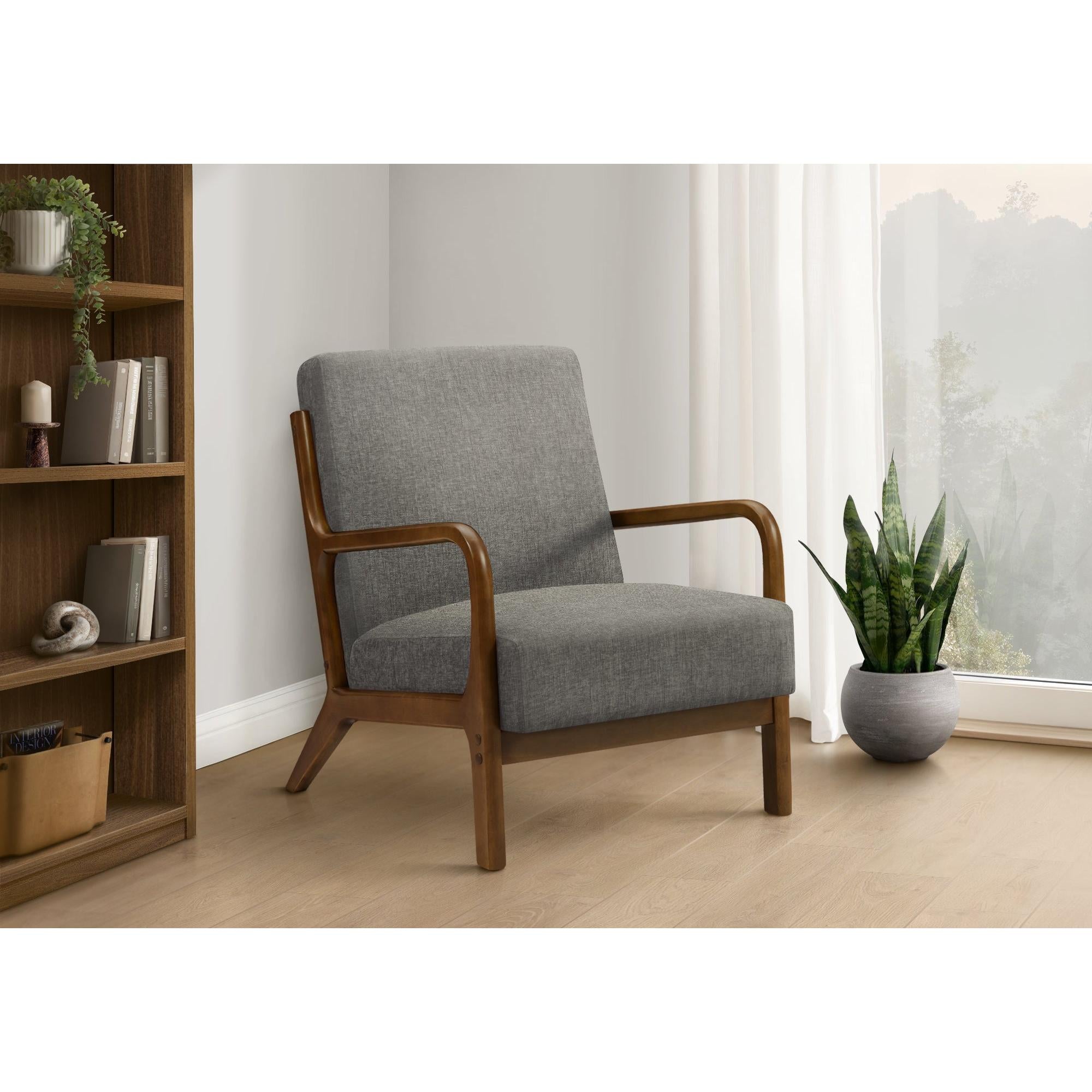 I 8330 - Chaise D'appoint, 34''H, Rembourré, Salon, Chambre À Coucher, Tissu Gris Foncé, Bois Massif Noyer Brun, Moderne, Mid Century - Simple Boutique