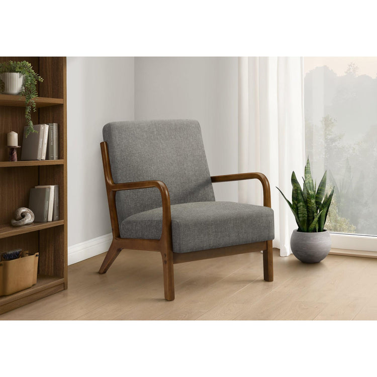 I 8330 - Chaise D'appoint, 34''H, Rembourré, Salon, Chambre À Coucher, Tissu Gris Foncé, Bois Massif Noyer Brun, Moderne, Mid Century - Simple Boutique
