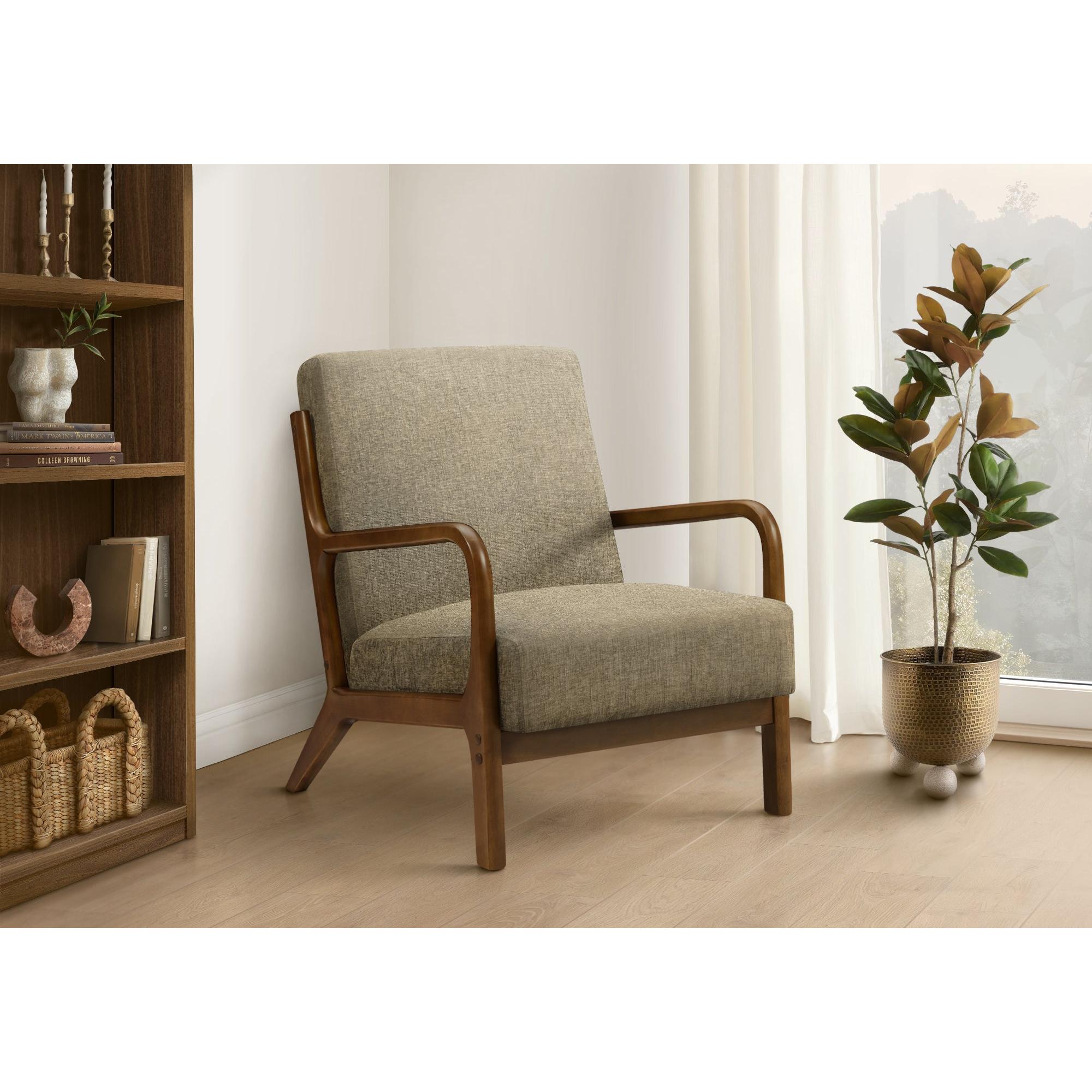 I 8331 - Chaise D'appoint, 34''H, Rembourré, Salon, Chambre À Coucher, Tissu Marron Clair, Bois Massif Noyer Brun, Moderne, Mid Century - Simple Boutique