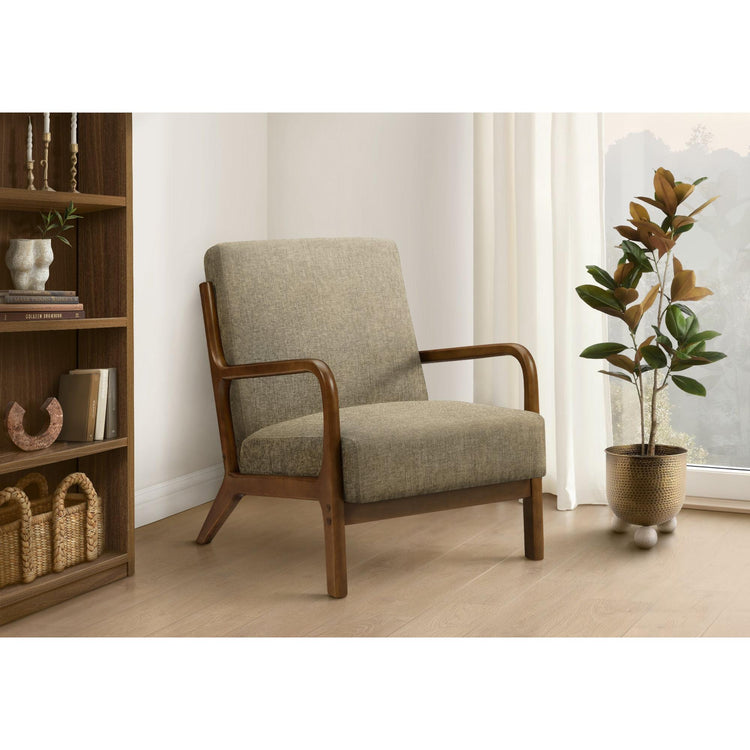 I 8331 - Chaise D'appoint, 34''H, Rembourré, Salon, Chambre À Coucher, Tissu Marron Clair, Bois Massif Noyer Brun, Moderne, Mid Century - Simple Boutique