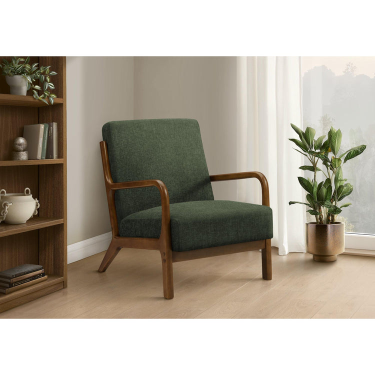 I 8332 - Chaise D'appoint, 34''H, Rembourré, Salon, Chambre À Coucher, Tissu Vert, Bois Massif Noyer Brun, Moderne, Mid Century - Simple Boutique