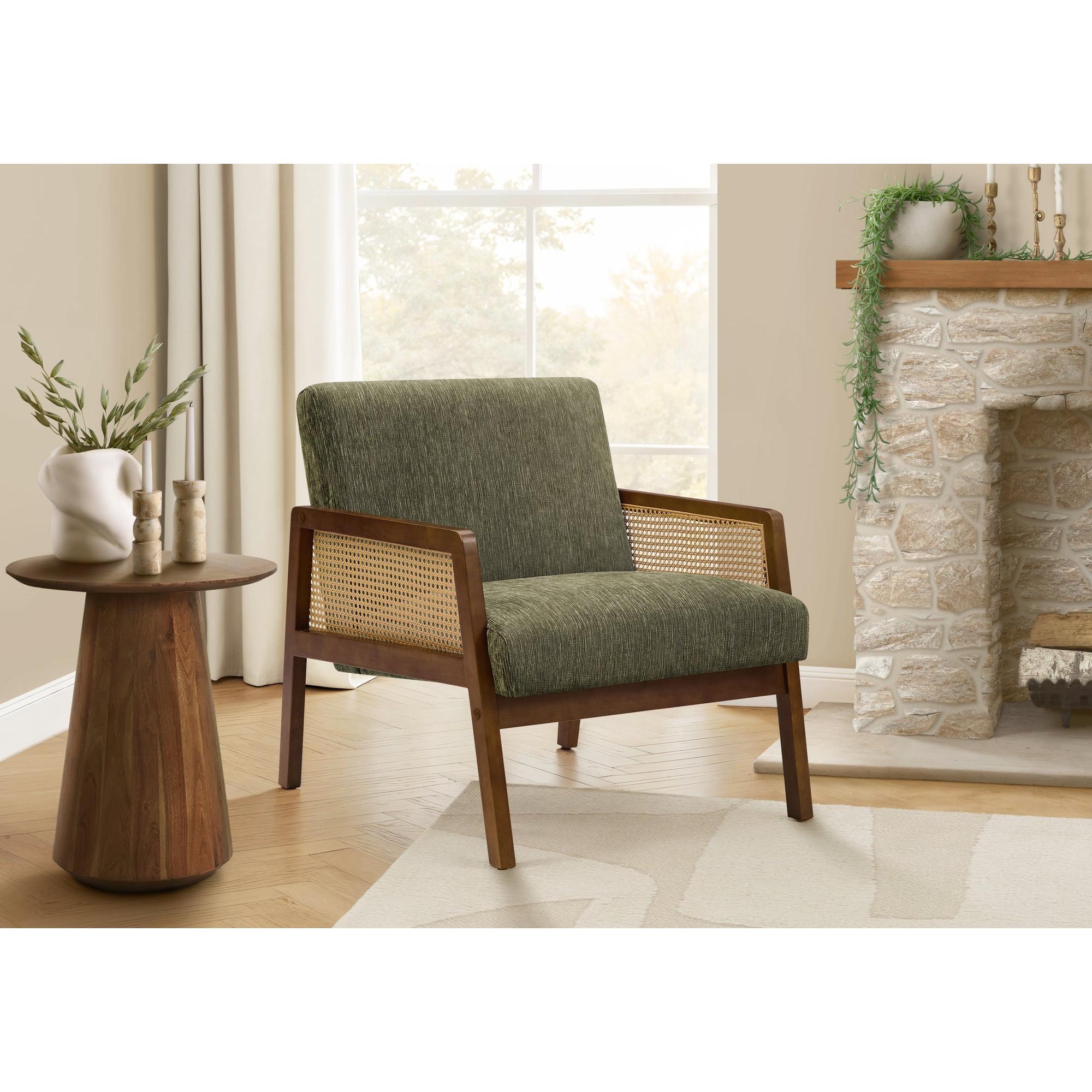I 8336 - Chaise D'appoint, 30''H, Rembourré, Salon, Chambre À Coucher, Tissu Vert, Bois Massif Noyer Brun, Moderne, Mid Century - Simple Boutique