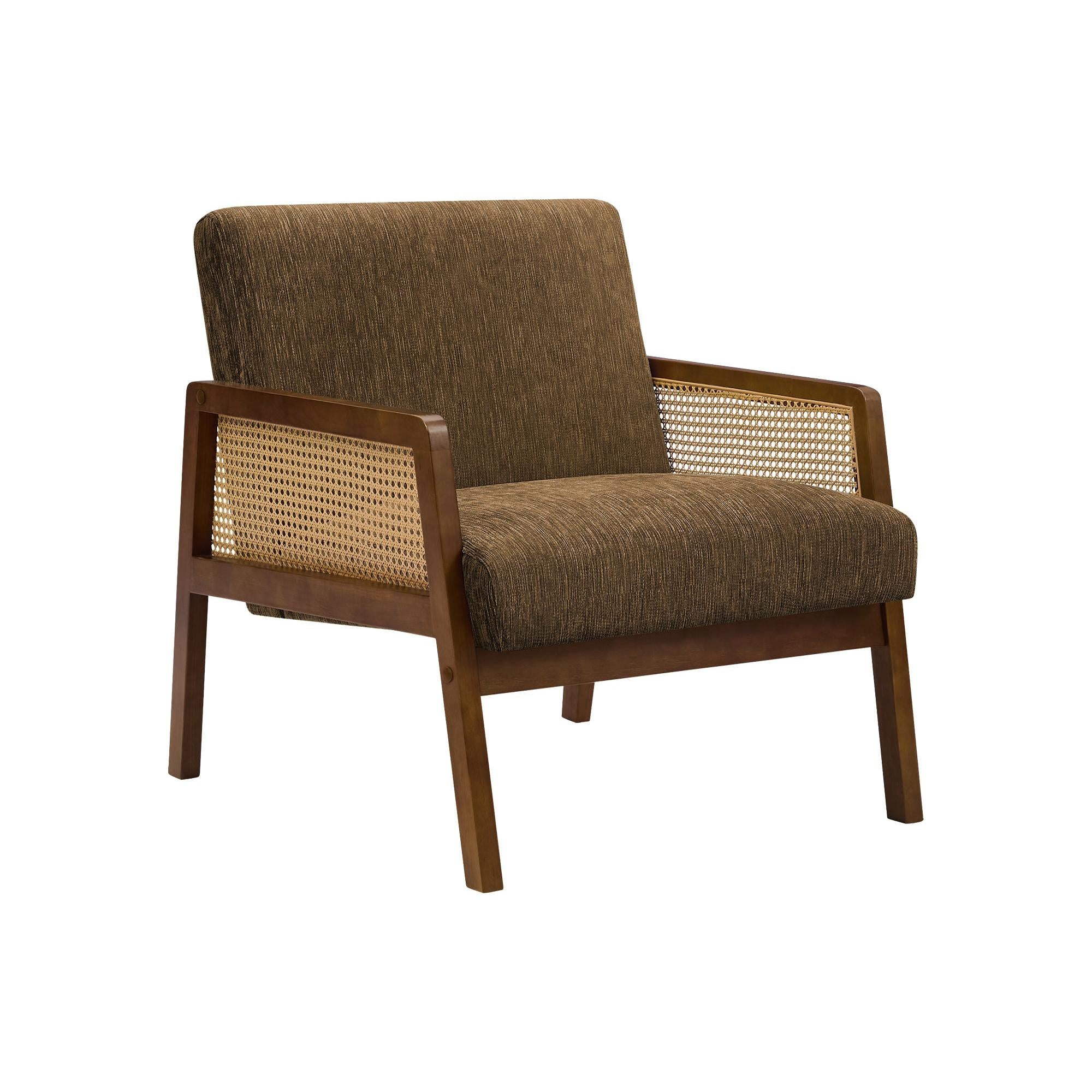 I 8337 - Chaise D'appoint, 30''H, Rembourré, Salon, Chambre À Coucher, Tissu Marron, Bois Massif Noyer Brun, Moderne, Mid Century - Simple Boutique