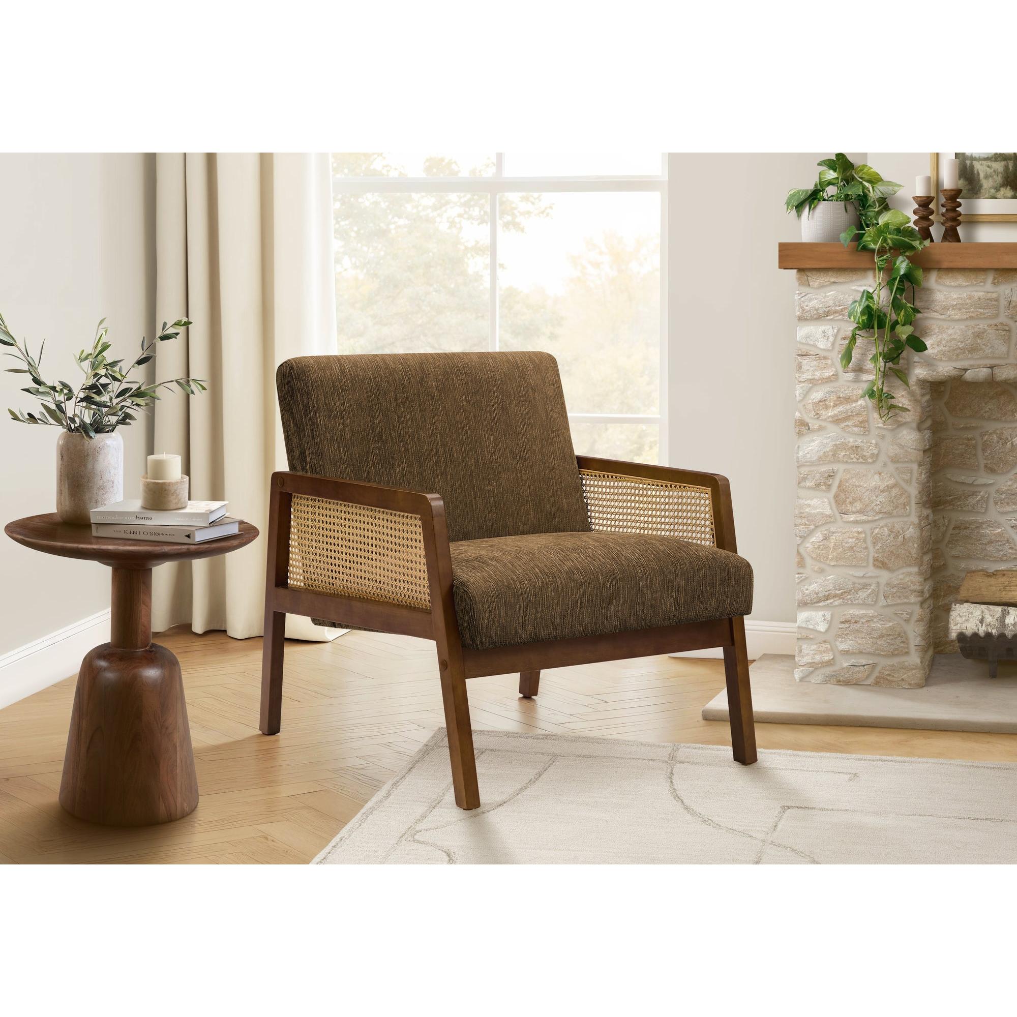 I 8337 - Chaise D'appoint, 30''H, Rembourré, Salon, Chambre À Coucher, Tissu Marron, Bois Massif Noyer Brun, Moderne, Mid Century - Simple Boutique