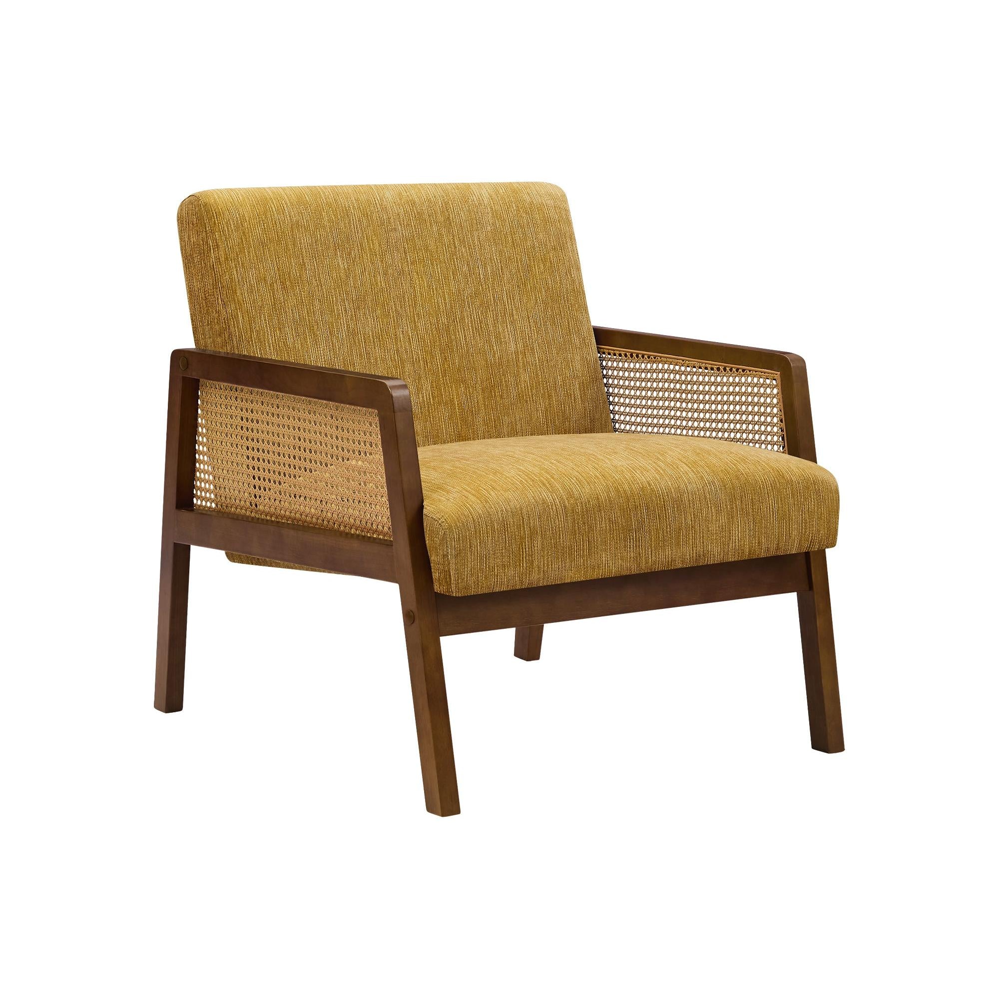 I 8338 - Chaise D'appoint, 30''H, Rembourré, Salon, Chambre À Coucher, Tissu Doré, Bois Massif Noyer Brun, Moderne, Mid Century - Simple Boutique
