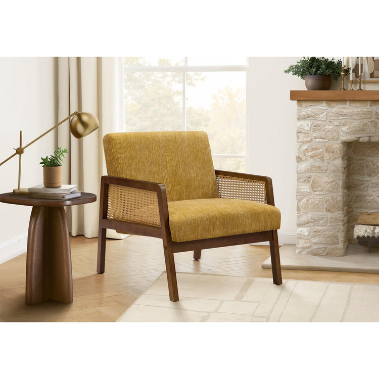 I 8338 - Chaise D'appoint, 30''H, Rembourré, Salon, Chambre À Coucher, Tissu Doré, Bois Massif Noyer Brun, Moderne, Mid Century - Simple Boutique