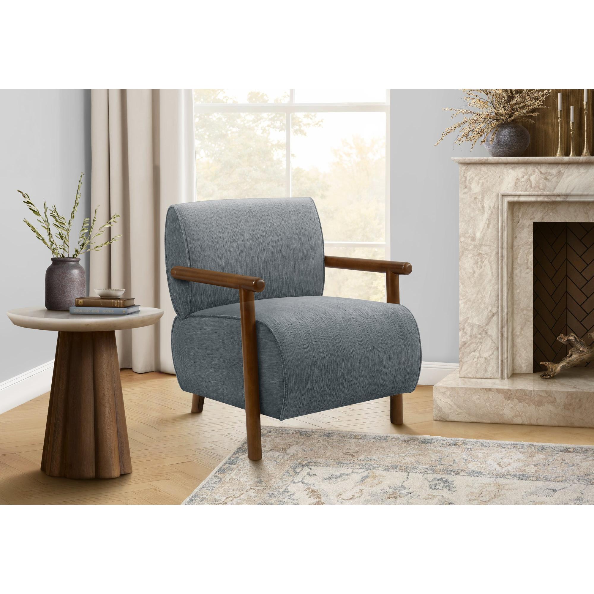I 8341 - Chaise D'appoint, 31''H, Rembourré, Salon, Chambre À Coucher, Tissu Bleu, Bois Massif Noyer Brun, Moderne, Mid Century - Simple Boutique