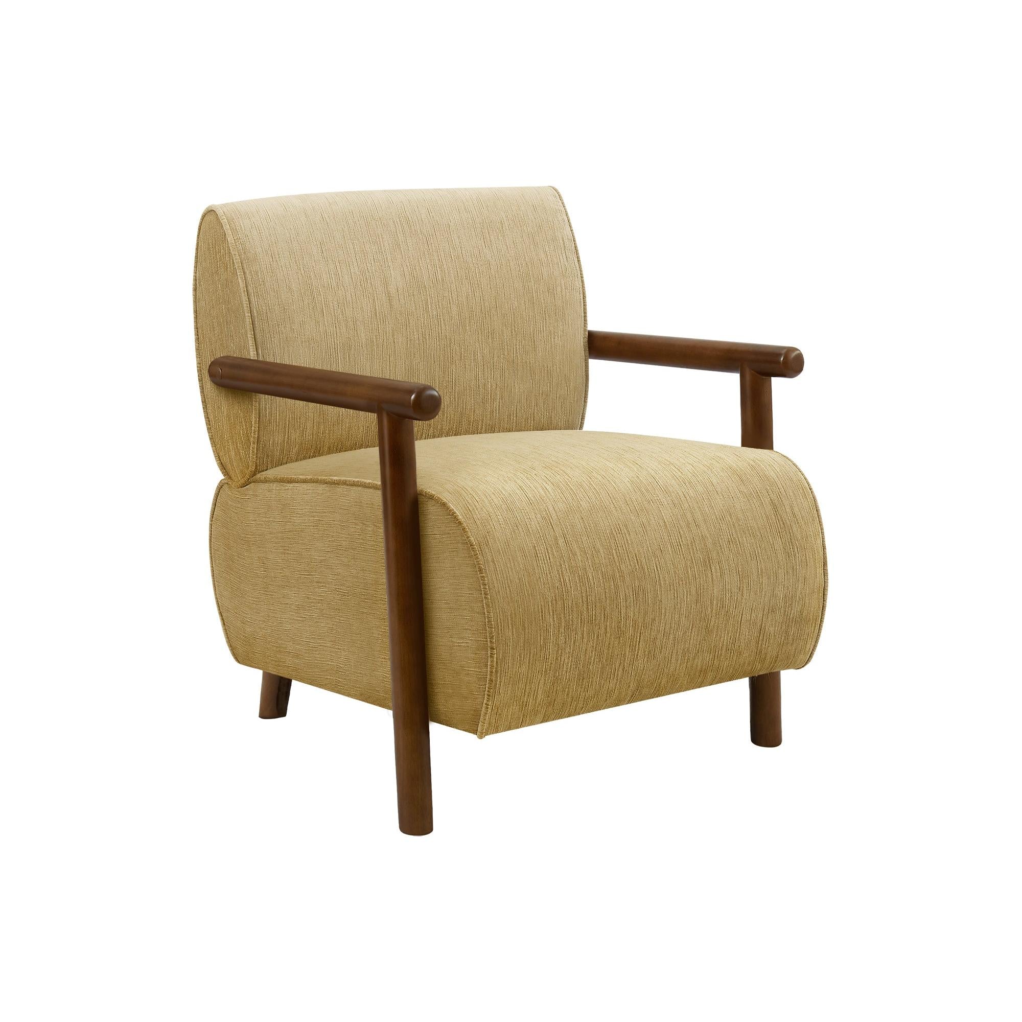 I 8342 - Chaise D'appoint, 31''H, Rembourré, Salon, Chambre À Coucher, Tissu Doré, Bois Massif Noyer Brun, Moderne, Mid Century - Simple Boutique