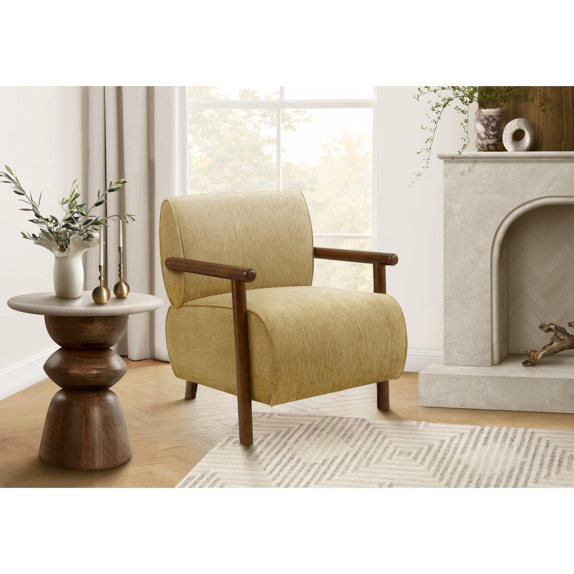 I 8342 - Chaise D'appoint, 31''H, Rembourré, Salon, Chambre À Coucher, Tissu Doré, Bois Massif Noyer Brun, Moderne, Mid Century - Simple Boutique