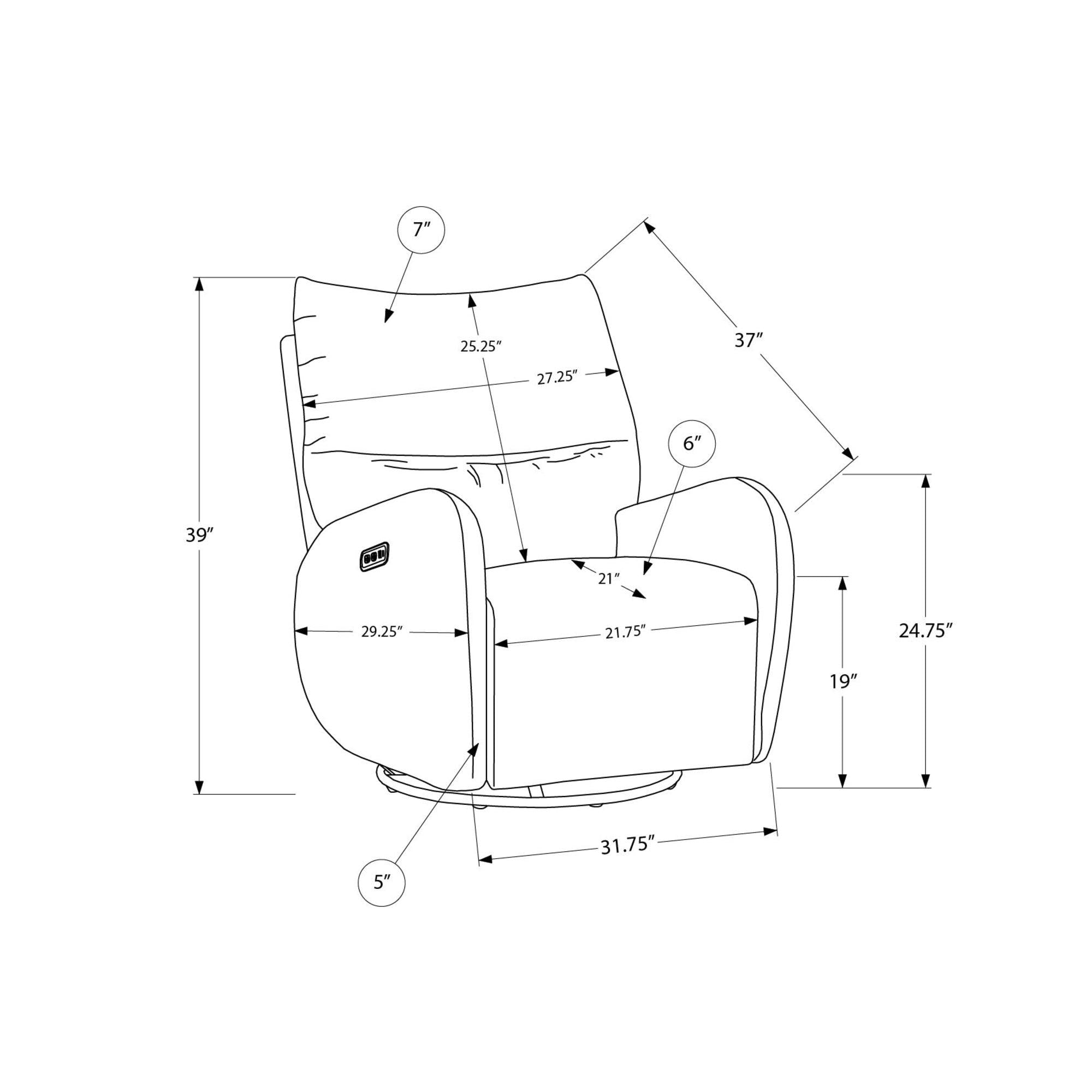 I 8406 - Fauteuil Inclinable, 32'' De Large, À Glissement, Fauteuil Inclinable Électrique, Pivoter, Port Usb Inclus, Rembourré, Tissu Gris Foncé - Simple Boutique