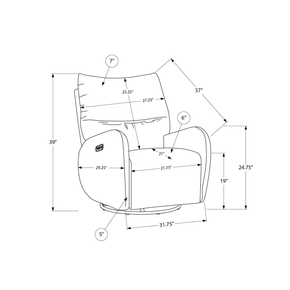 I 8406 - Fauteuil Inclinable, 32'' De Large, À Glissement, Fauteuil Inclinable Électrique, Pivoter, Port Usb Inclus, Rembourré, Tissu Gris Foncé - Simple Boutique
