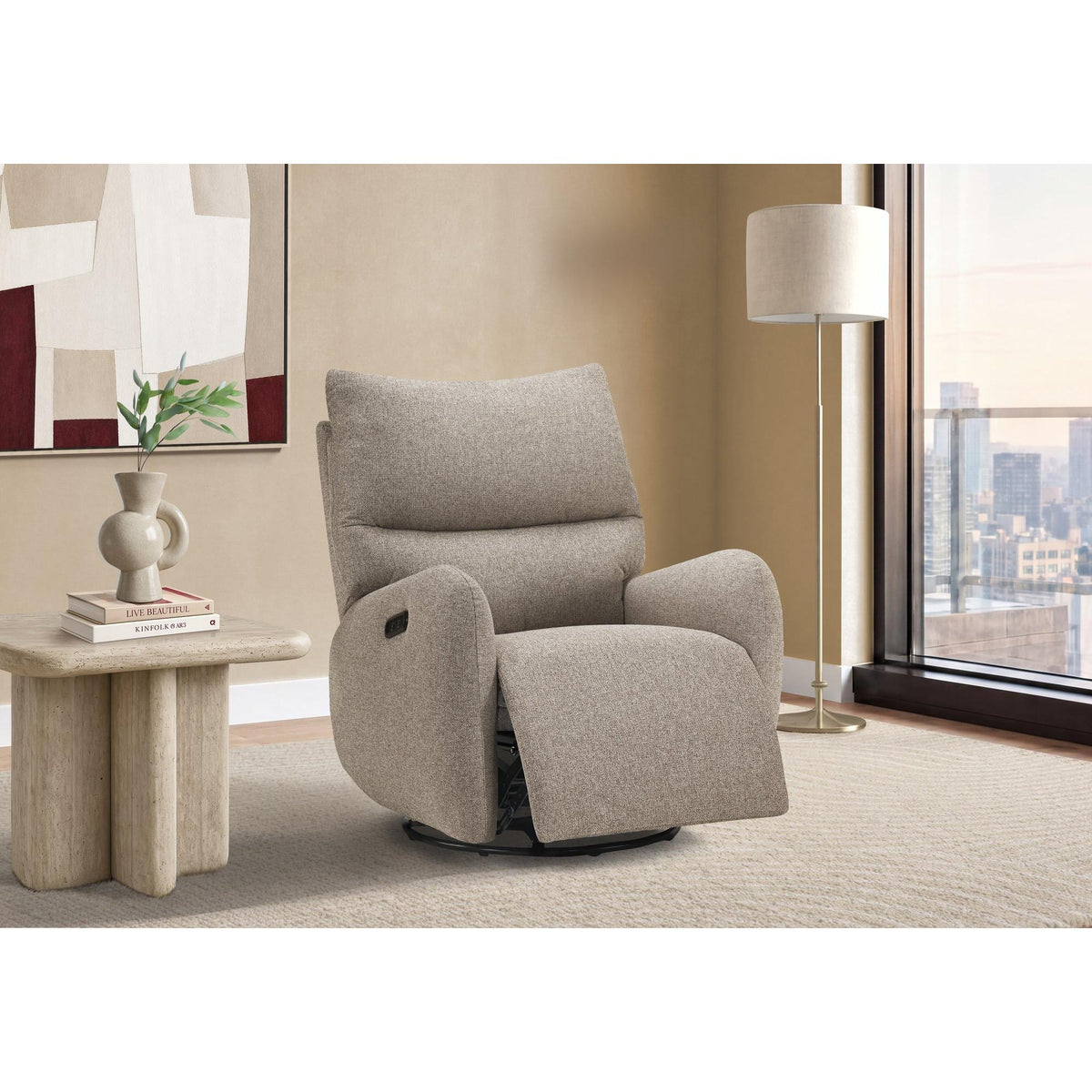 I 8407 - Fauteuil Inclinable, 32'' De Large, À Glissement, Fauteuil Inclinable Électrique, Pivoter, Port Usb Inclus, Rembourré, Tissu Marron Clair - Simple Boutique
