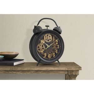 I 9014 - Horloges, 12" Rondes, Mécanisme d'engrenage, Horloge de table, Marron, Transitionnelle - Simple Boutique