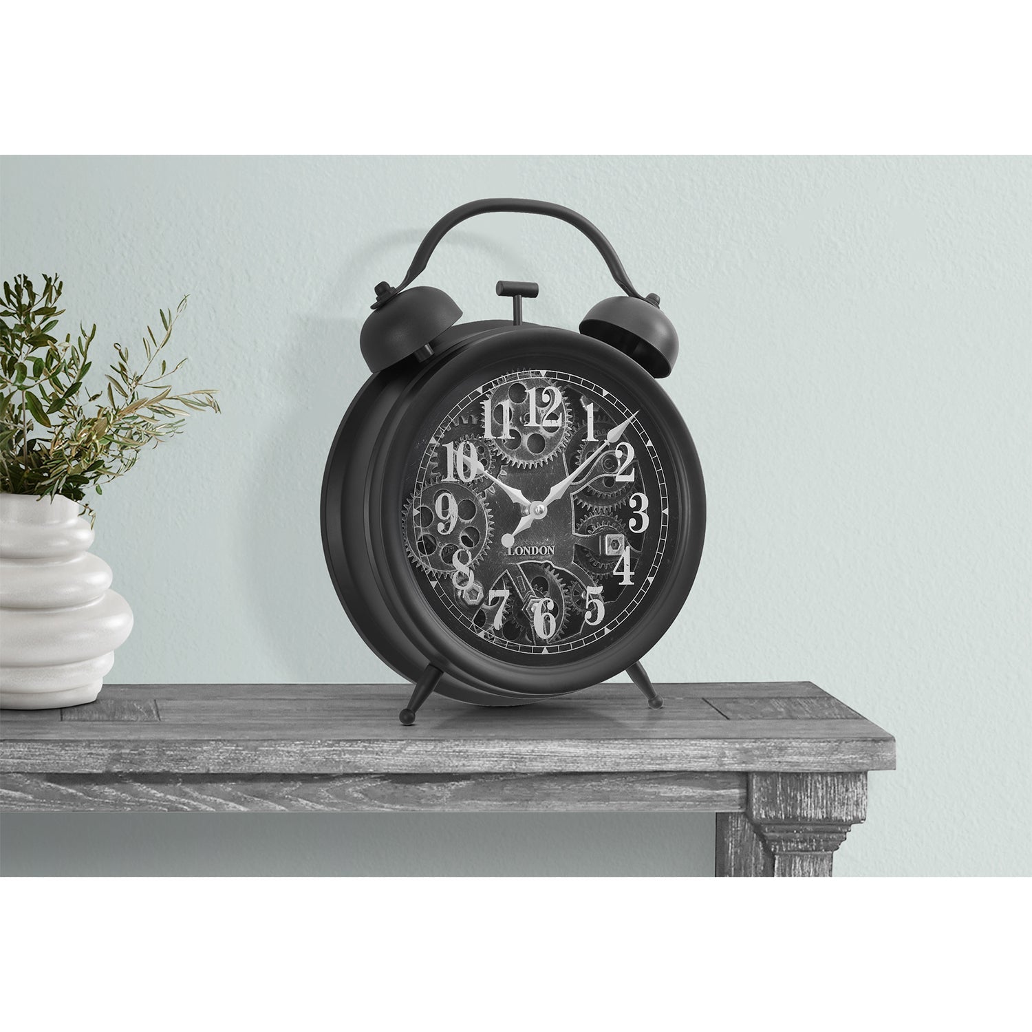 I 9015 - Horloges, 12" Rondes, Mécanisme d'engrenage, Horloge de table, Noir, Transitionnel - Simple Boutique