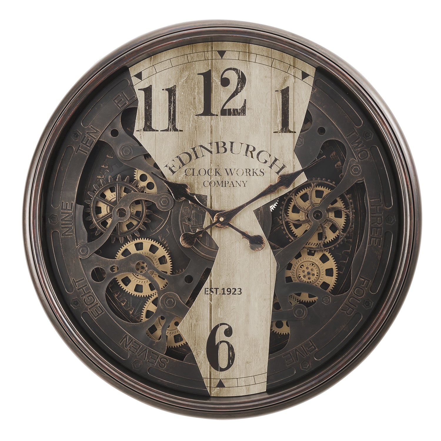 I 9023 - Horloge, 30" Ronde, Horloge Murale, Mécanisme D'engrenage, Brun, Transitionnel - Simple Boutique