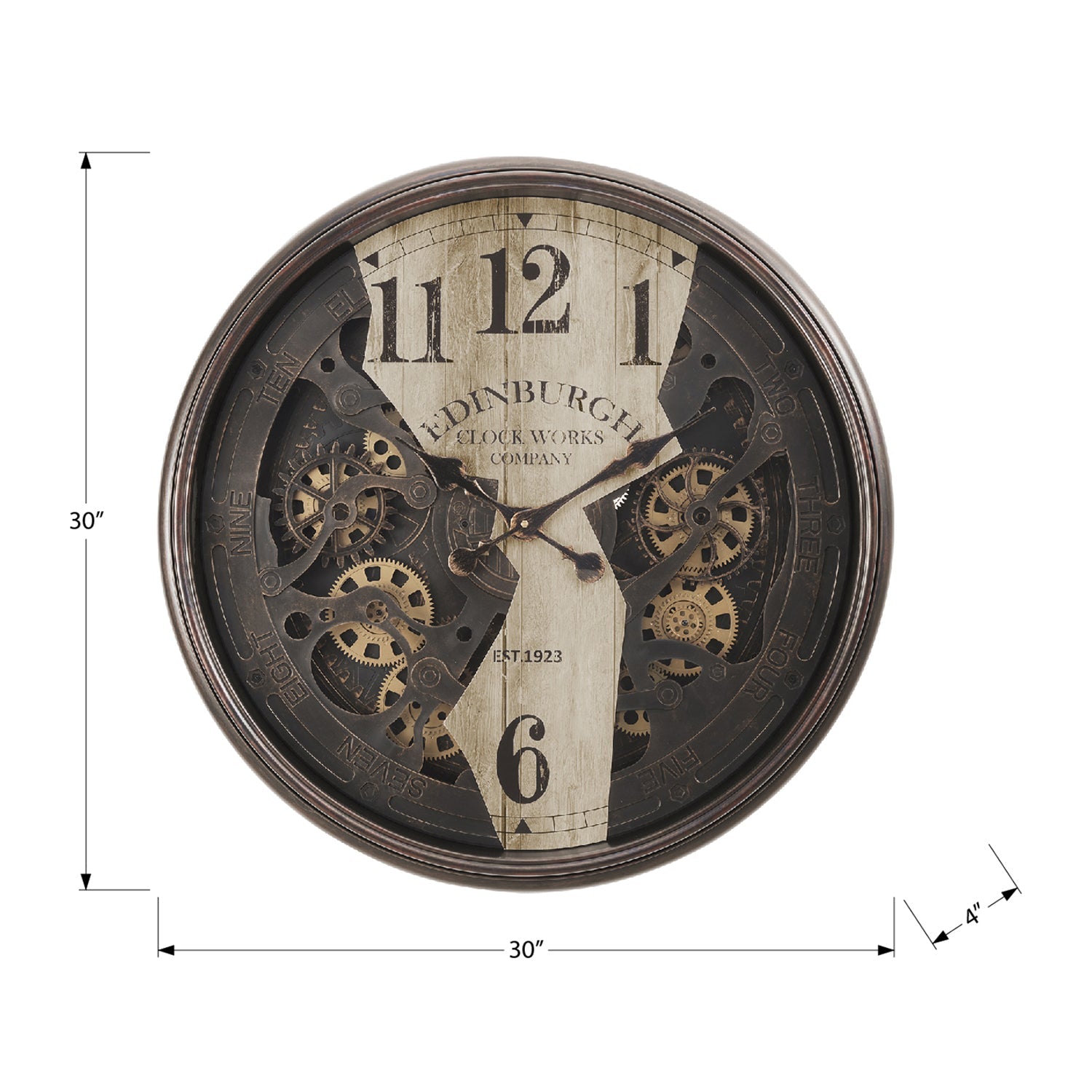I 9023 - Horloge, 30" Ronde, Horloge Murale, Mécanisme D'engrenage, Brun, Transitionnel - Simple Boutique