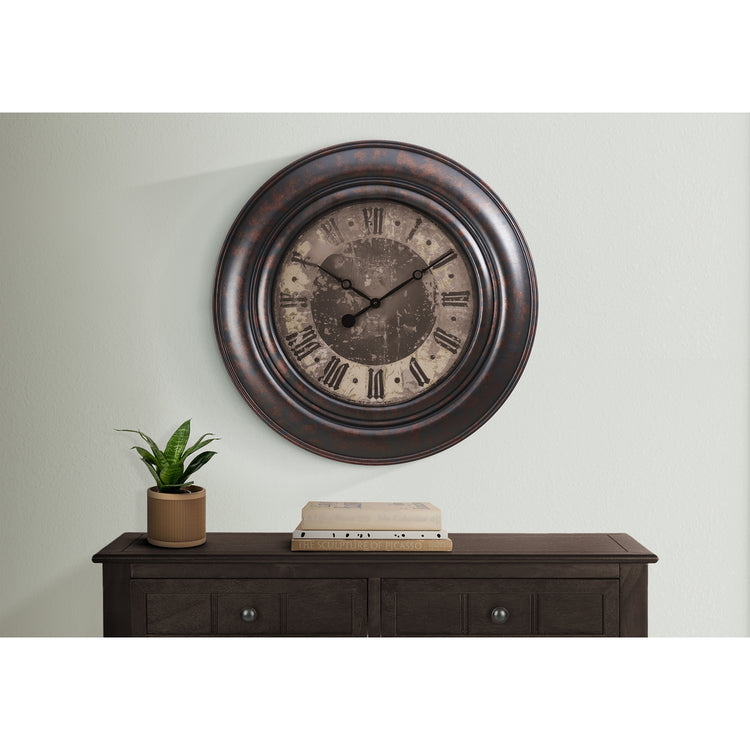 I 9027 - Horloge, 30" Rond, Surdimensionné Grand, Horloge Murale, Brun, Transitionnel - Simple Boutique