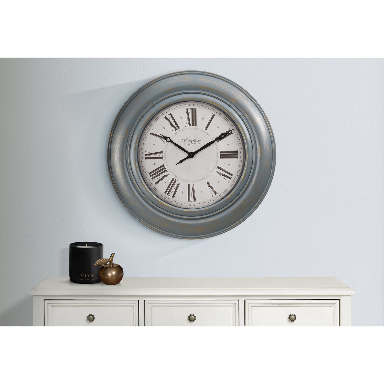I 9028 - Horloge, 30" Rond, Surdimensionné Grand, Horloge Murale, Bleu Antique, Transitionnel" - Simple Boutique
