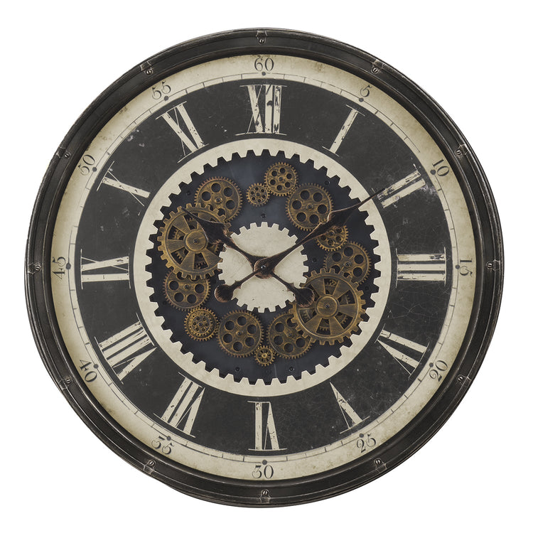 I 9031 - Horloge, 30" Rond, Mécanisme D'engrenage, Surdimensionné Grand, Horloge Murale, Brun, Transitionnel - Simple Boutique