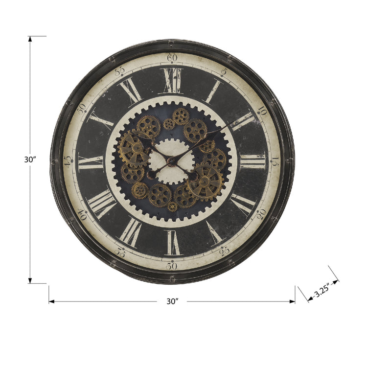 I 9031 - Horloge, 30" Rond, Mécanisme D'engrenage, Surdimensionné Grand, Horloge Murale, Brun, Transitionnel - Simple Boutique