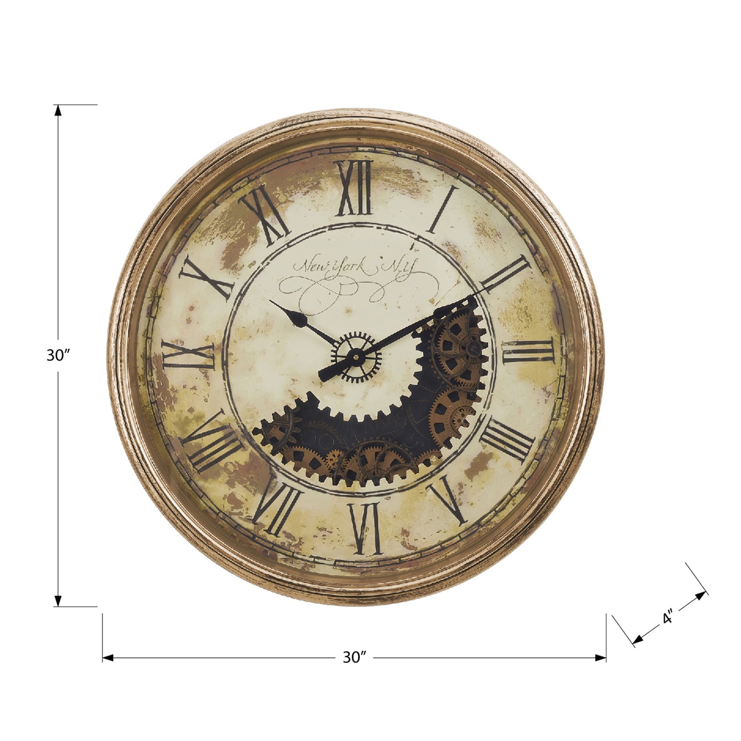 I 9034 - Horloge, 30" Rond, Mécanisme D'engrenage, Surdimensionné Grand, Horloge Murale, Or Antique, Transitionnel - Simple Boutique
