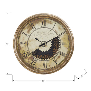 I 9034 - Horloge, 30" Rond, Mécanisme D'engrenage, Surdimensionné Grand, Horloge Murale, Or Antique, Transitionnel - Simple Boutique