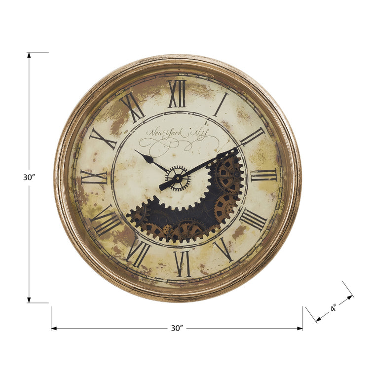I 9034 - Horloge, 30" Rond, Mécanisme D'engrenage, Surdimensionné Grand, Horloge Murale, Or Antique, Transitionnel - Simple Boutique