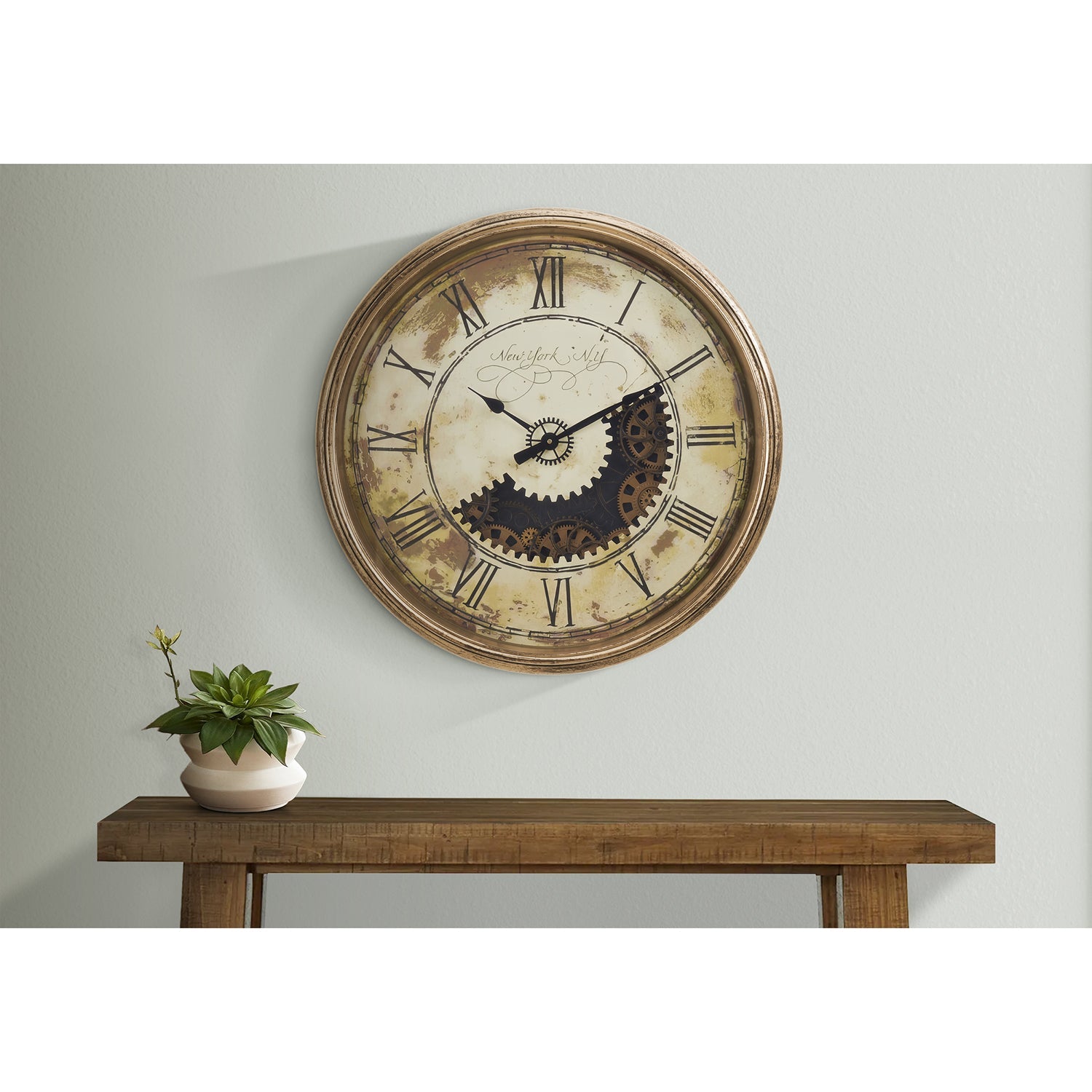 I 9034 - Horloge, 30" Rond, Mécanisme D'engrenage, Surdimensionné Grand, Horloge Murale, Or Antique, Transitionnel - Simple Boutique