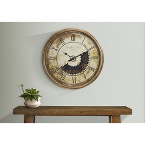 I 9034 - Horloge, 30" Rond, Mécanisme D'engrenage, Surdimensionné Grand, Horloge Murale, Or Antique, Transitionnel - Simple Boutique