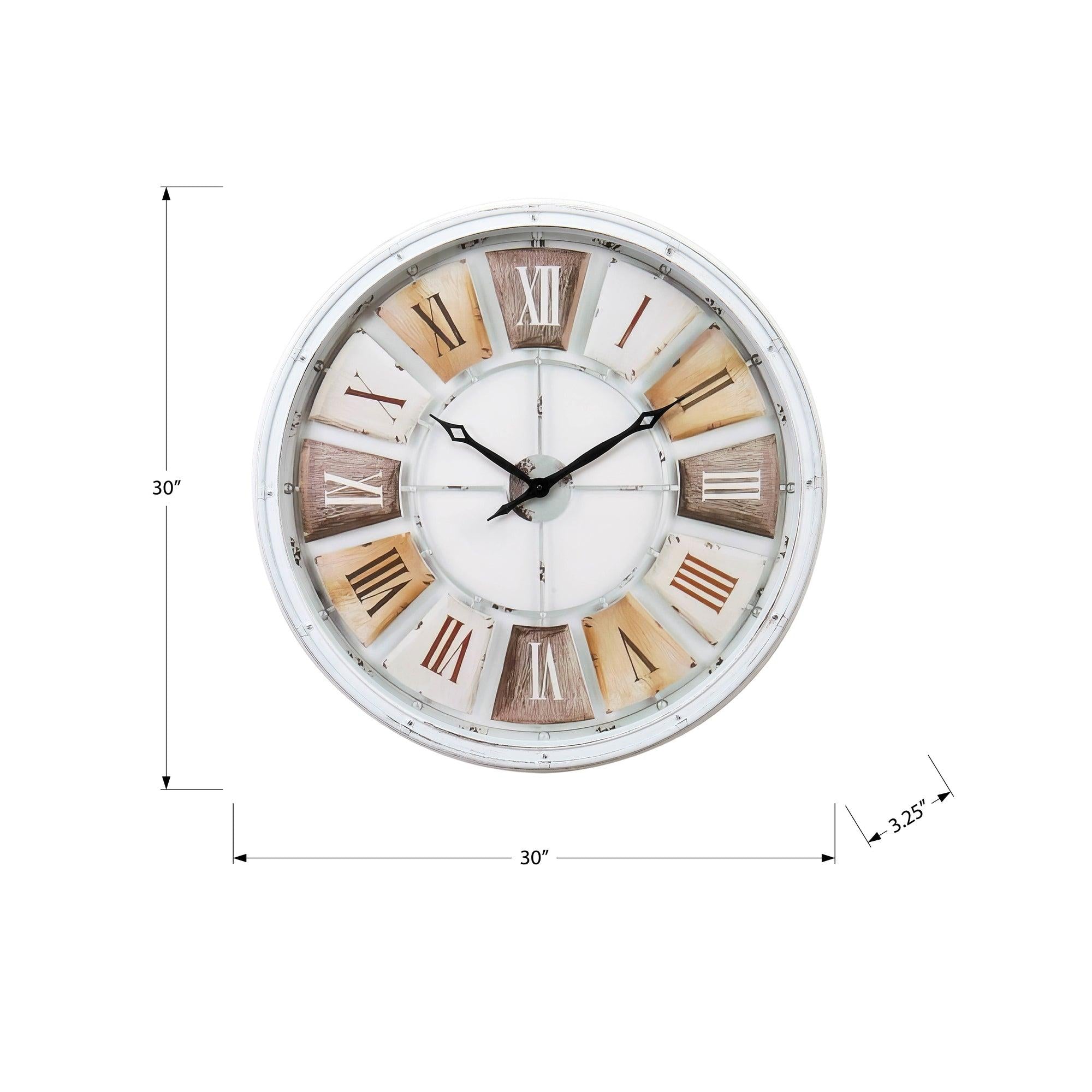 I 9036 - Horloge, 30'' Rond, Surdimensionné Grand, Horloge Murale, Blanc Antique, Naturel, Transitionnel - Simple Boutique