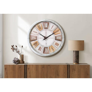 I 9036 - Horloge, 30'' Rond, Surdimensionné Grand, Horloge Murale, Blanc Antique, Naturel, Transitionnel - Simple Boutique