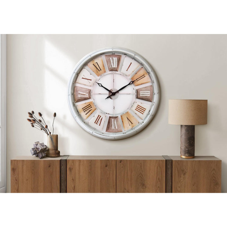 I 9036 - Horloge, 30'' Rond, Surdimensionné Grand, Horloge Murale, Blanc Antique, Naturel, Transitionnel - Simple Boutique