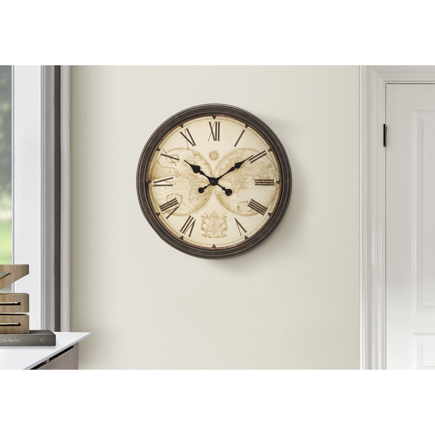 I 9048 - Horloge, 20" Rond, Horloge Murale, Brun Antique, Transitionnel - Simple Boutique