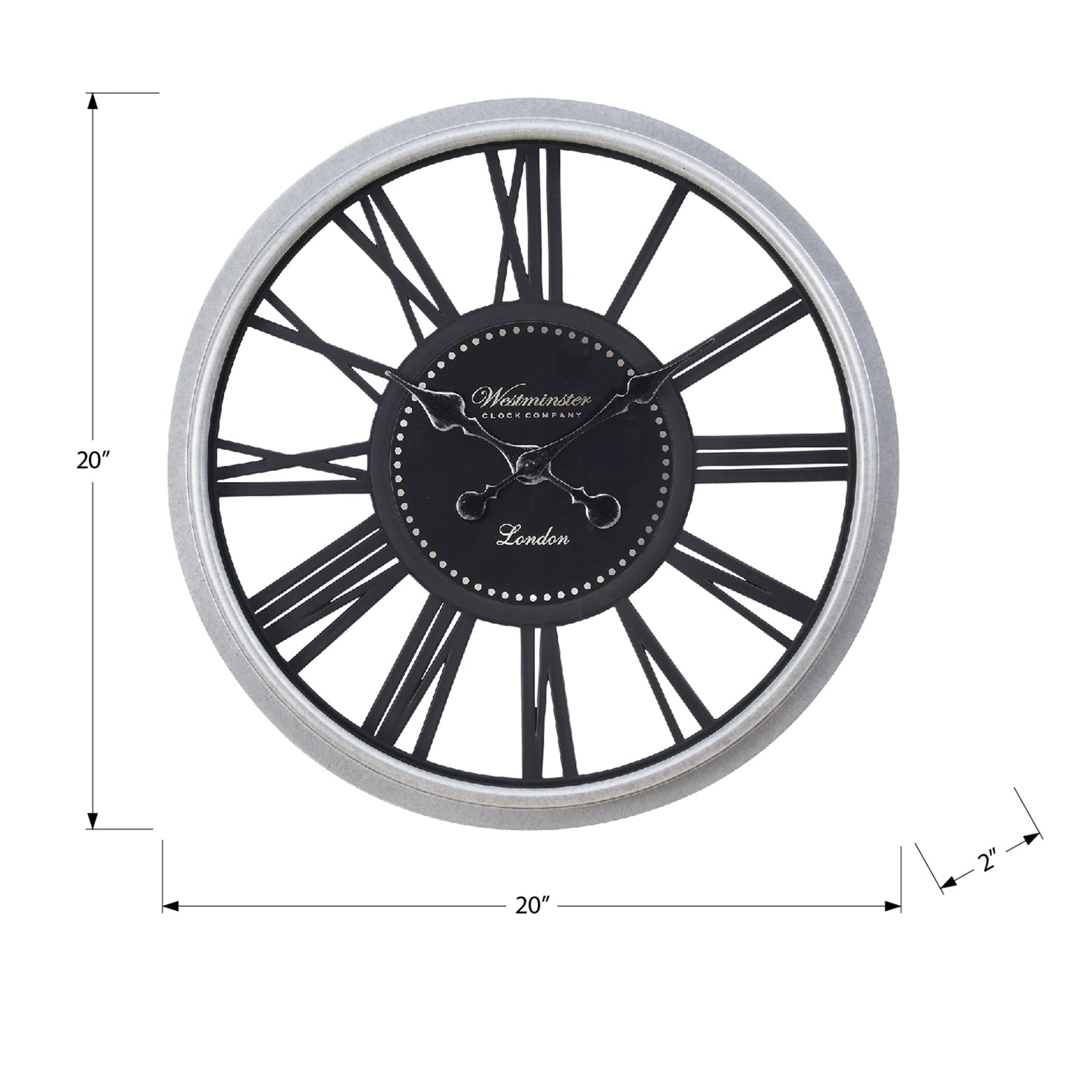 I 9056 - Horloge, 20" Rond, Horloge Murale, Noir, Argent, Transitionnel - Simple Boutique