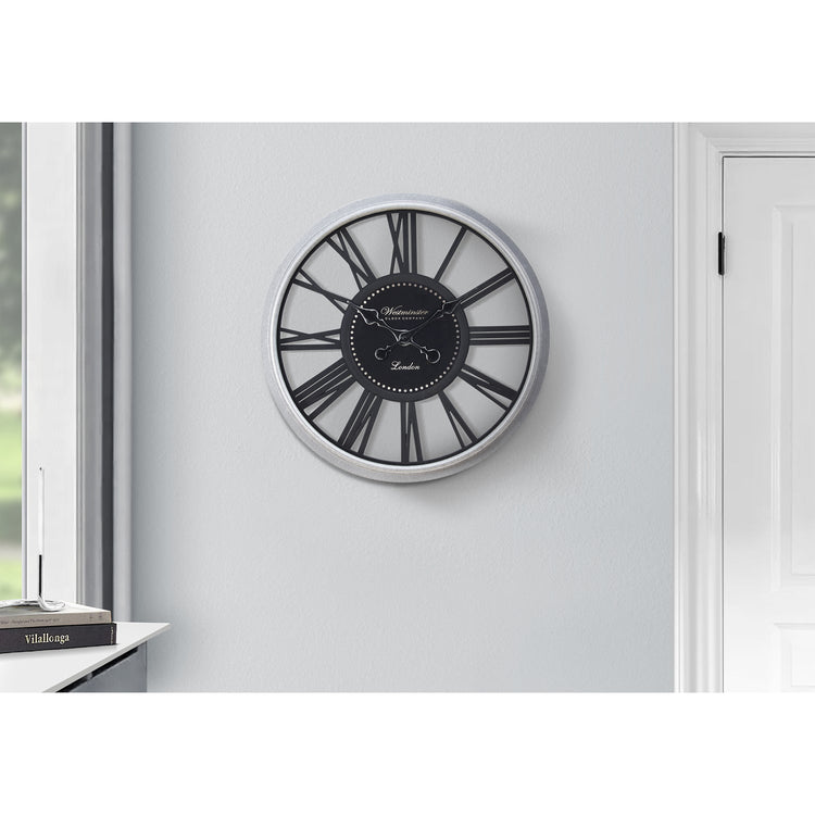 I 9056 - Horloge, 20" Rond, Horloge Murale, Noir, Argent, Transitionnel - Simple Boutique