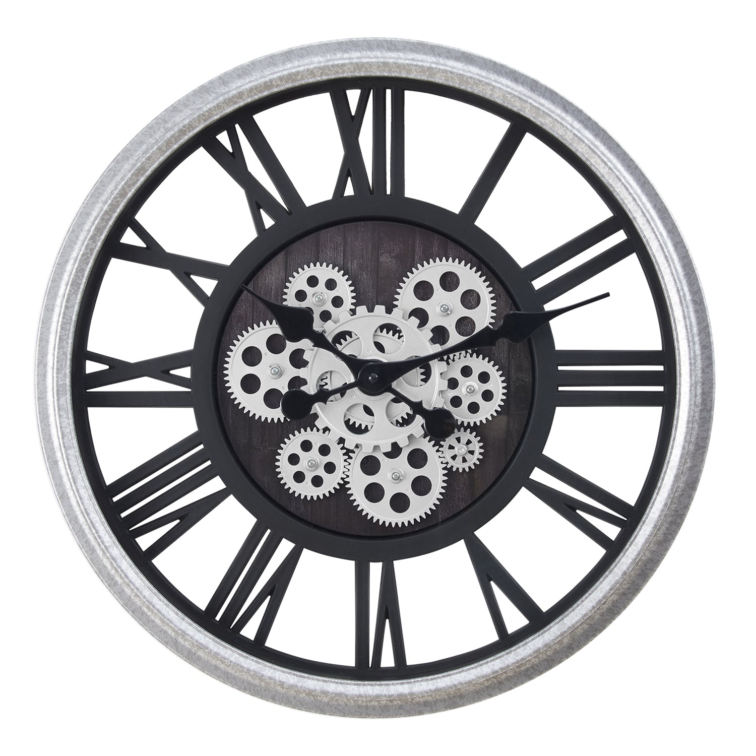 I 9058 - Horloge, 20" Rond, Mécanisme D'engrenage, Horloge Murale, Noir, Argent, Transitionnel - Simple Boutique